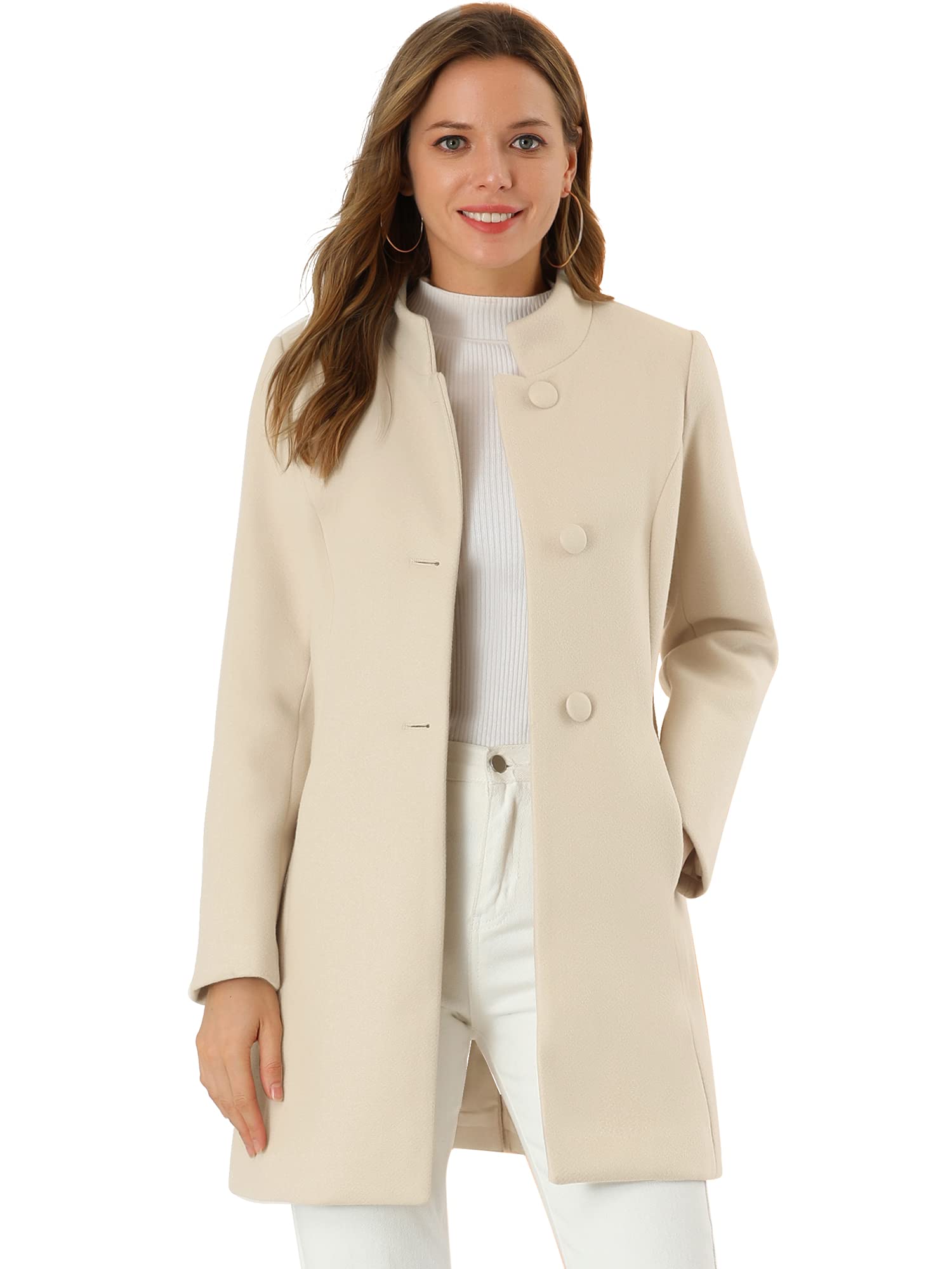 Allegra K Women's Winter Overcoat - Mid-Thigh Length Stand Collar Single Breasted Long Coat for Cold Weather | Perfect for Office, Travel & Formal Occasions