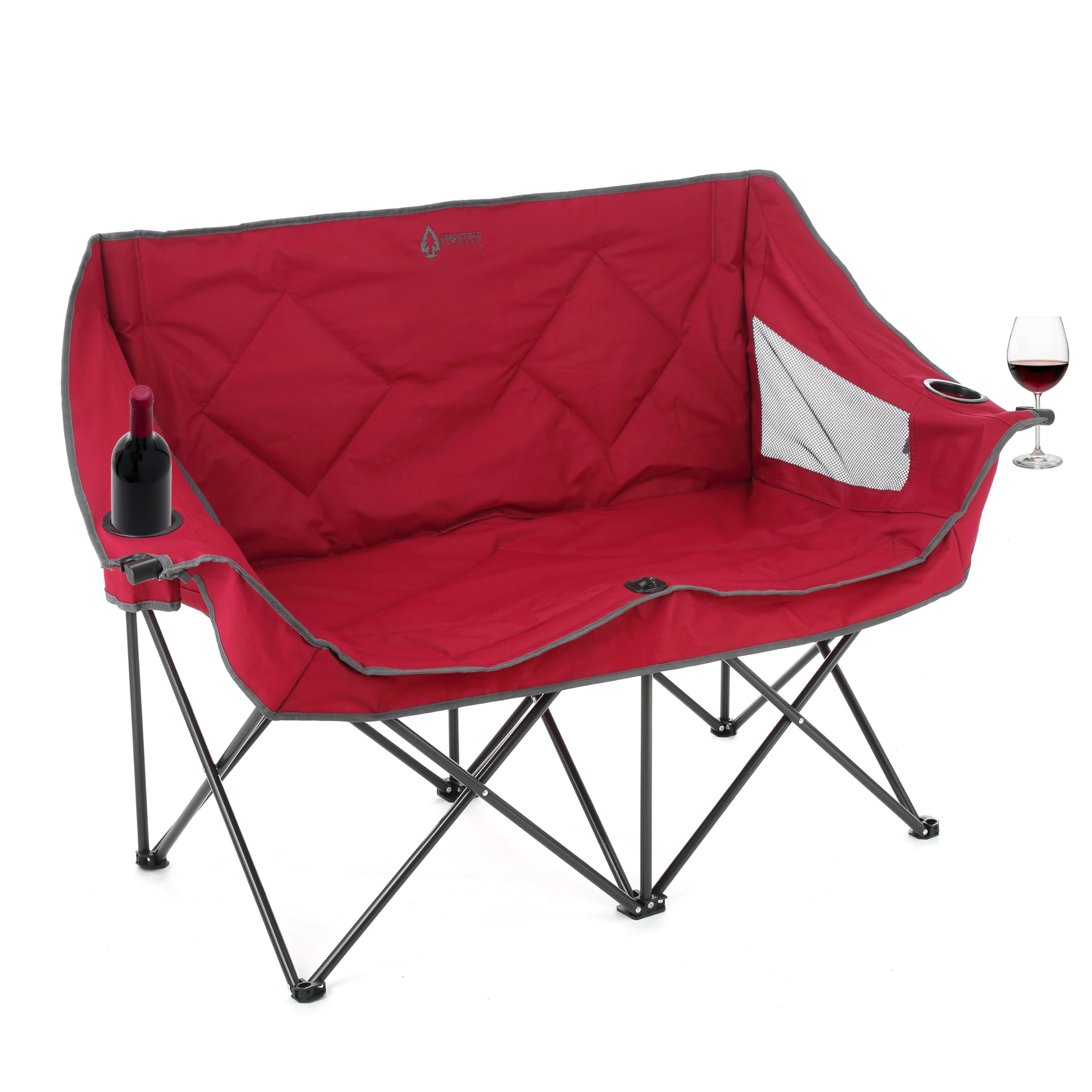 ARROWHEAD OUTDOOR Portable Folding Double Duo Camping Chair Loveseat with 2 Cup & Wine Glass Holders, Heavy-Duty Carrying Bag, Padded Seats & Armrests, 500lbs Capacity, USA-Based Support – Perfect for Camping, Beach, Picnics, and Outdoor Events