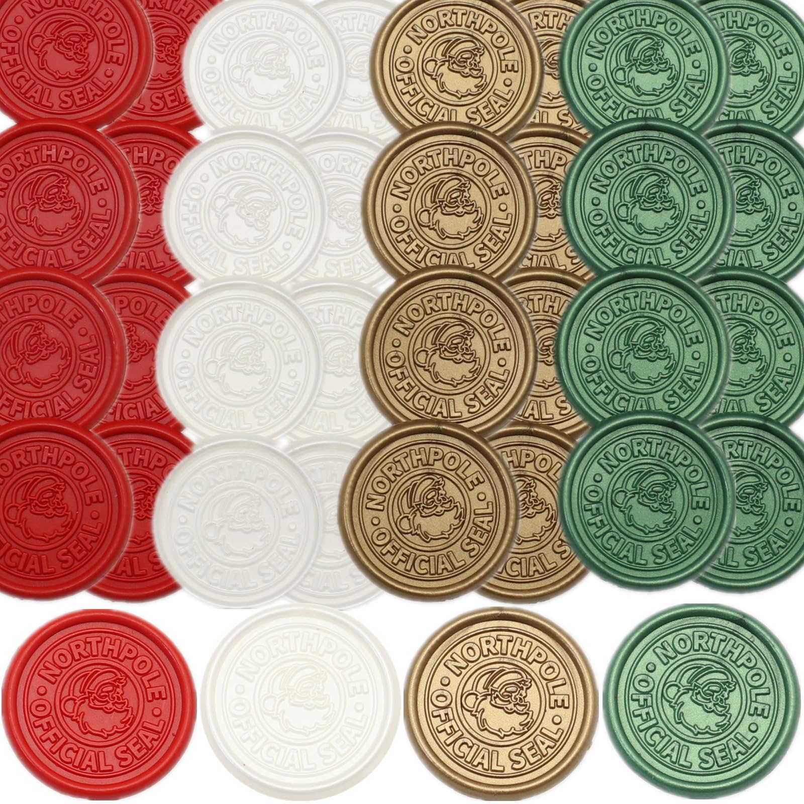 Premium Christmas Wax Seal Stickers - 50 Pcs Self-Adhesive Santa Claus Holiday Envelope Seals in Red, Green & Gold for Gift Wrapping, Wedding Invitations & Holiday Cards