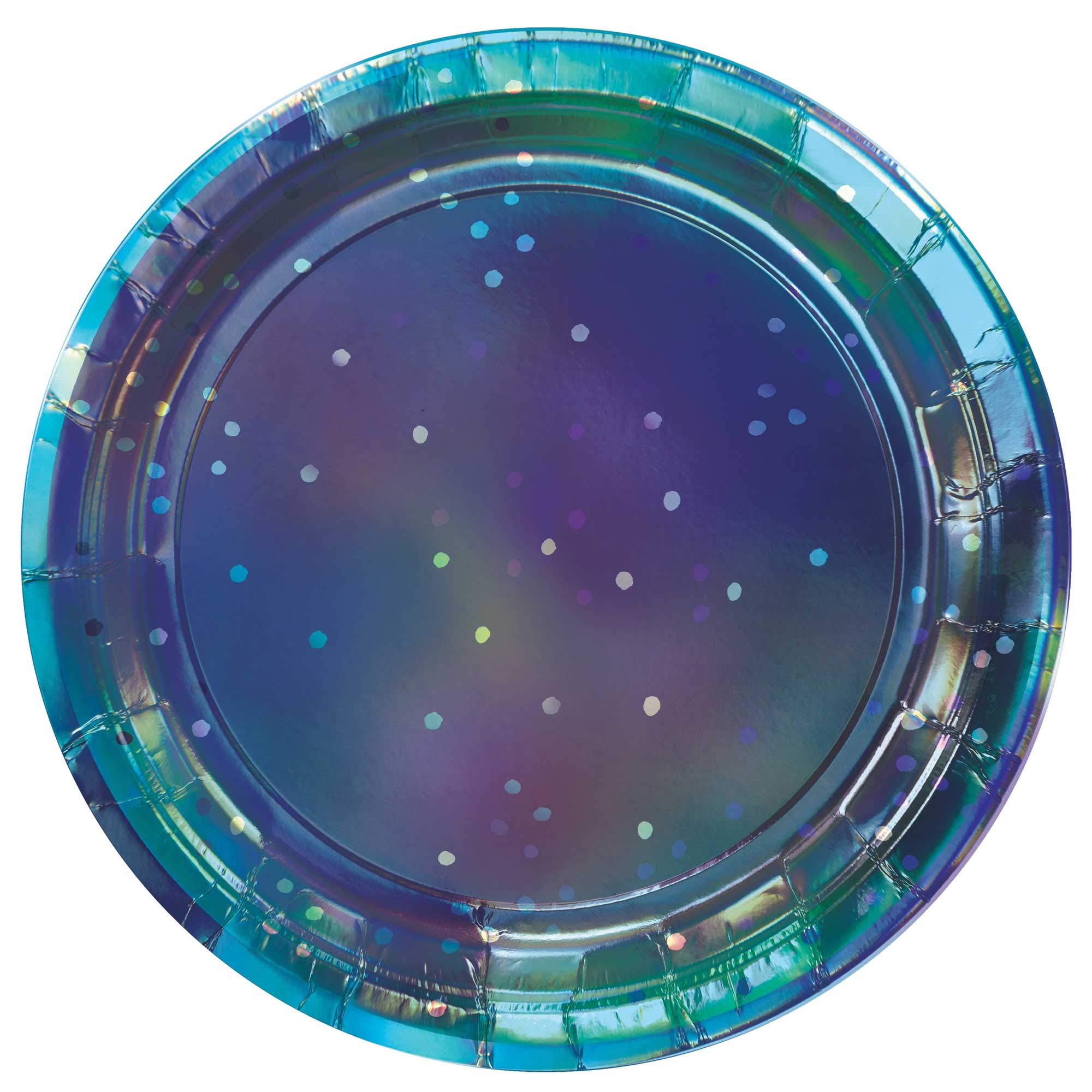 Sparkling Round Iridescent Paper Plates 9 Inch - 8 Pack Sapphire Blue Disposable Party Plates for Birthday, Wedding, Baby Shower & Holiday Celebrations