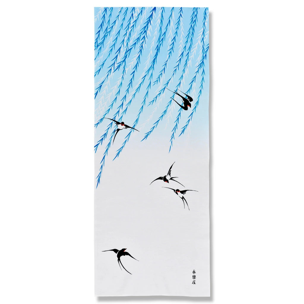 Premium Kyo Yuzen Dyed Japanese Tenugui Hand Towel - Elegant Swallow & Willow Design | Authentic Kyoto Craftsmanship | Perfect for Home Decor, Gift & Traditional Tea Ceremony