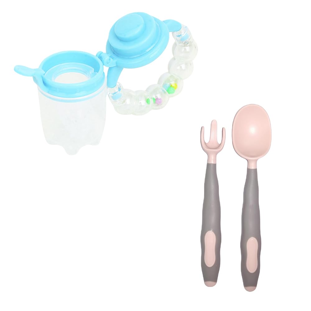 Joy Buzz Rattle Teether & Baby Spoons Set | BPA-Free Silicone Teething Toy & Feeding Utensils | Safe Infant Care for Babies 6+ Months | Perfect for Soothing Sore Gums & First Solid Foods (White & Peach) | Great for Home, Travel & Daycare Use