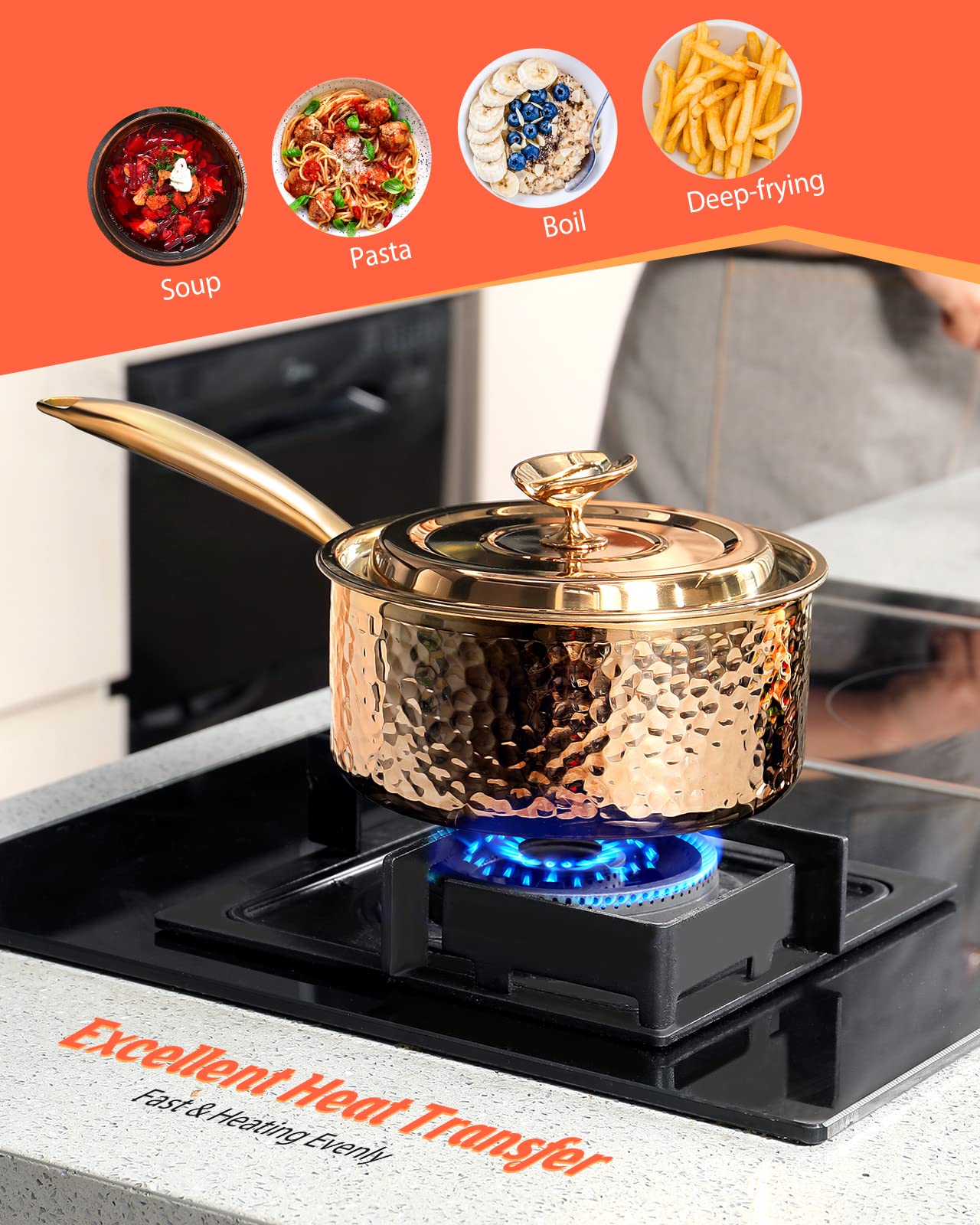 DAEDALUS 4 Quart Uncoated Nonstick Saucepan with Lid - Stainless Steel Triply Hammered Copper Cookware for Induction Stovetops | Dishwasher & Oven Safe Rose Gold Pot for Home Kitchen & Restaurant Use | Perfect for Soups, Sauces, and Everyday Cooking