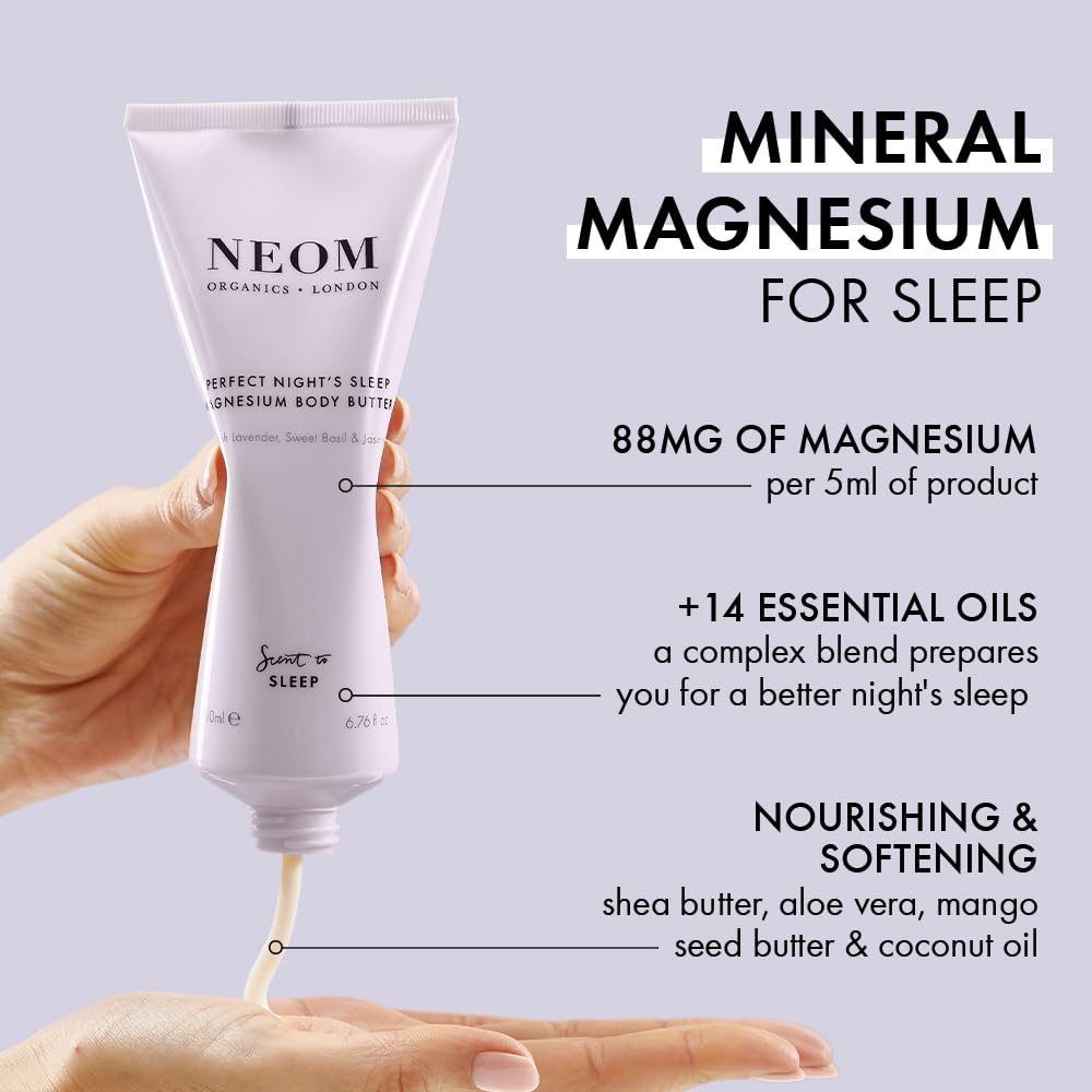 Neom Magnesium Body Butter - 6.76 Fl Oz (200ml) Lavender Chamomile Patchouli Sleep Lotion with Essential Oils | 100% Natural Fragrance for Relaxation & Soft Skin | Perfect Nighttime Moisturizer for Stress Relief & Better Sleep