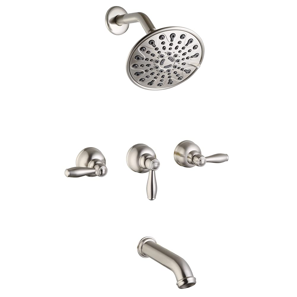 3 Handle Brushed Nickel Tub and Shower Faucet Set with 6 Spray Shower Head - Bathroom Mixer Valve Trim Kit with Tub Spout - Perfect for Bathroom Renovation and Modern Home Upgrade