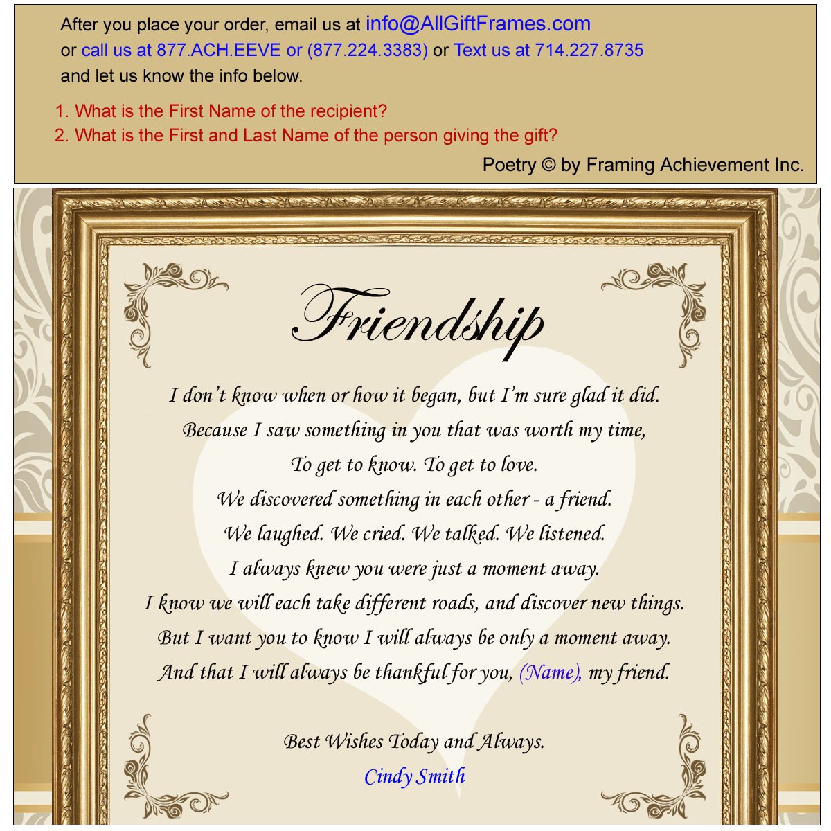 Personalized Friendship Picture Frame - Custom Best Friend Gift for Sisters, BFF, Birthday, Thank You with Poem - Perfect for Home Decor, Office Desk, and Heartfelt Gifts