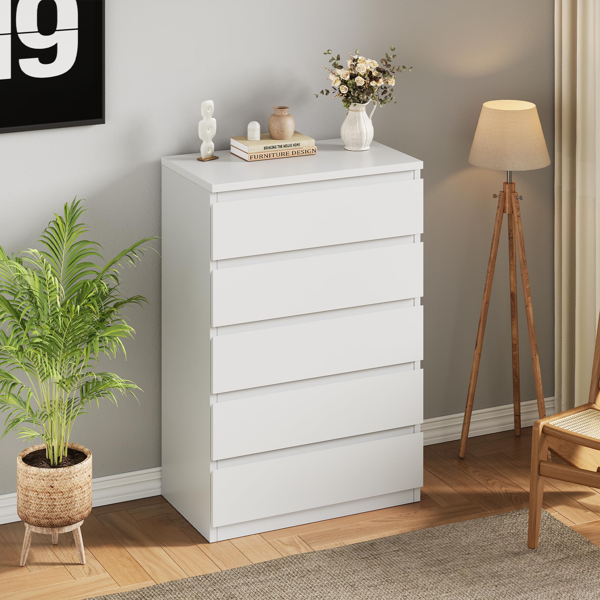 5-Drawer White Dresser for Bedroom - Modern Wooden Storage Chest with Deep Drawers - Perfect for Bedroom, Living Room, Hallway & Entryway Organization