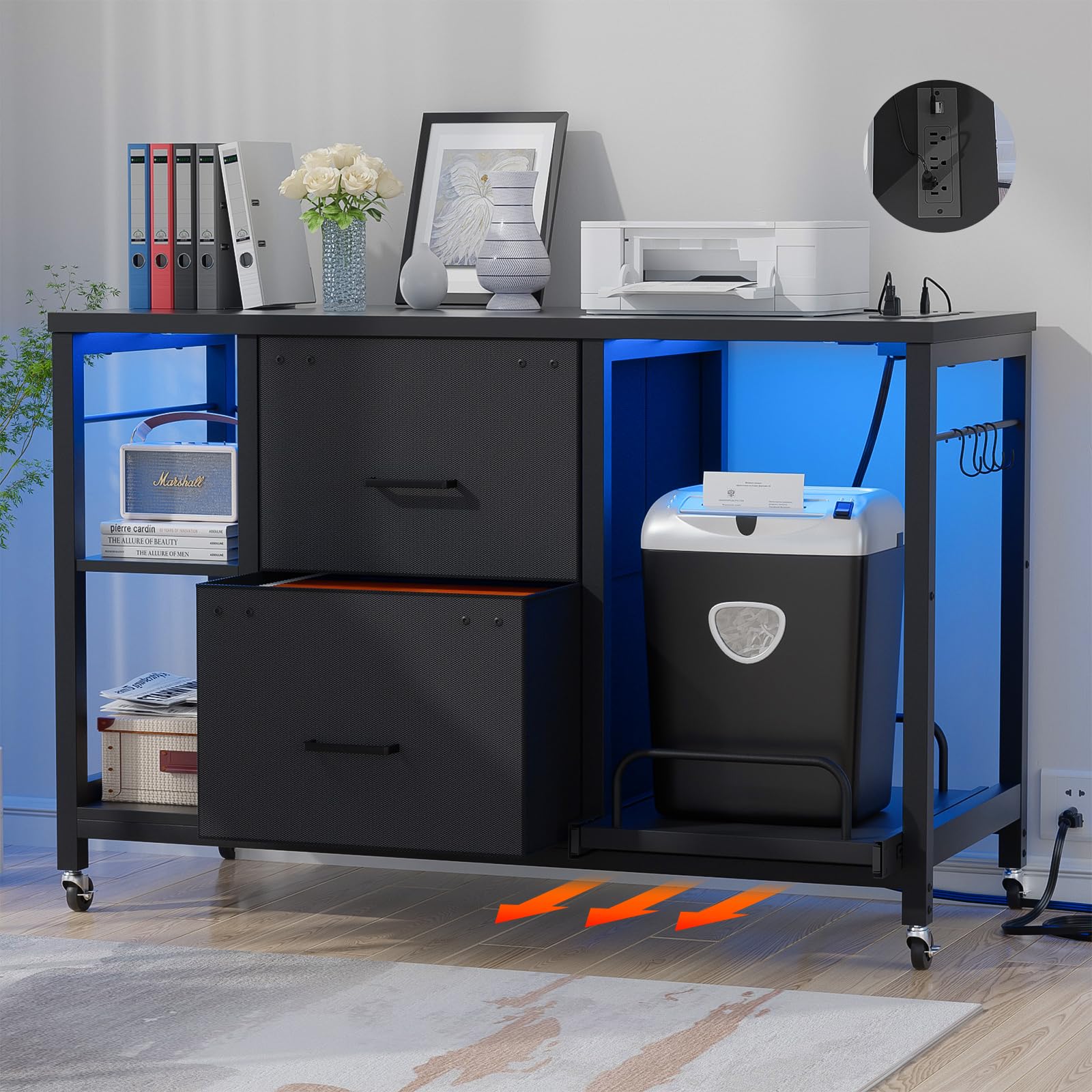2-Drawer Lateral File Cabinet with LED Light & Outlet - Mobile Rolling Office Cabinet with Storage, Letter/Legal Size Filing - Perfect for Home Office Organization & Printer/Shredder Stand - Black Office Furniture