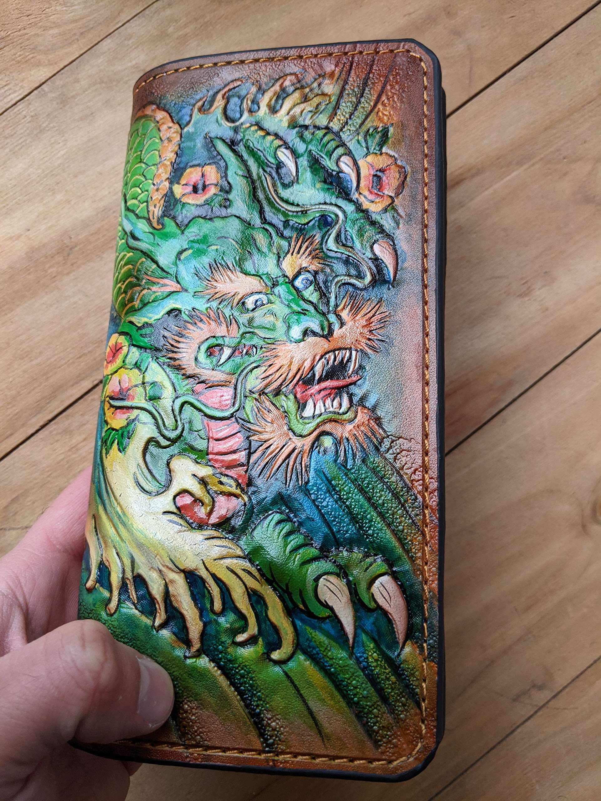 Handmade 3D Genuine Leather Wallet for Men - Long Biker Wallet with Hand-Carved Dragon Design - Custom Personalized Leather Wallet for Everyday Use & Gift Giving