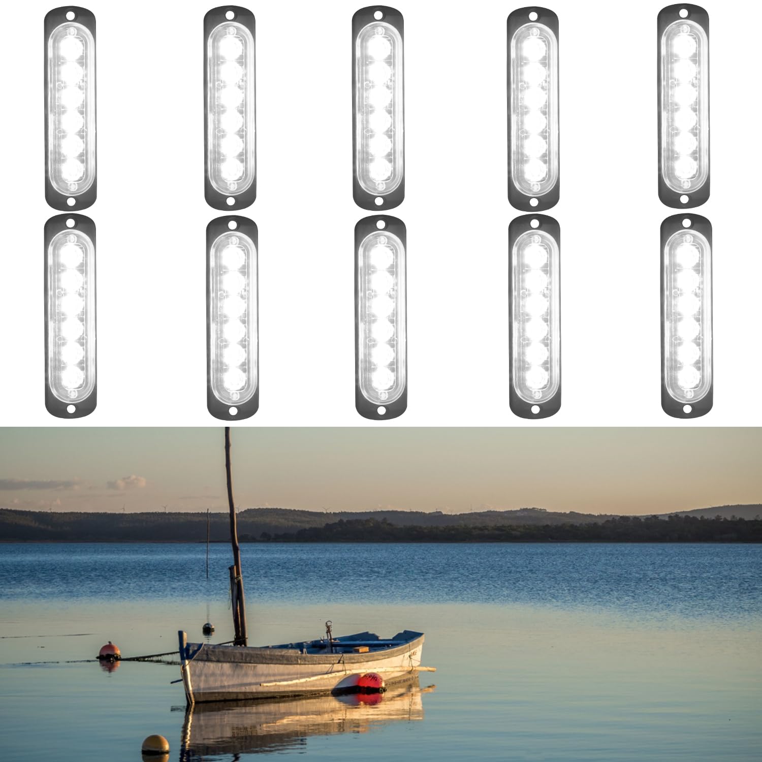 Premium LED Marine Courtesy Lights - IP68 Waterproof Boat Interior Lighting for Deck, Transom, Cabin, Cockpit - Perfect for Dinghy, Pontoon, Jon Boat, Kayak, Bass Boat - Surface Mount White Lights (10Pcs) - Ideal for Night Fishing, Boating Safety & Cabin Ambiance