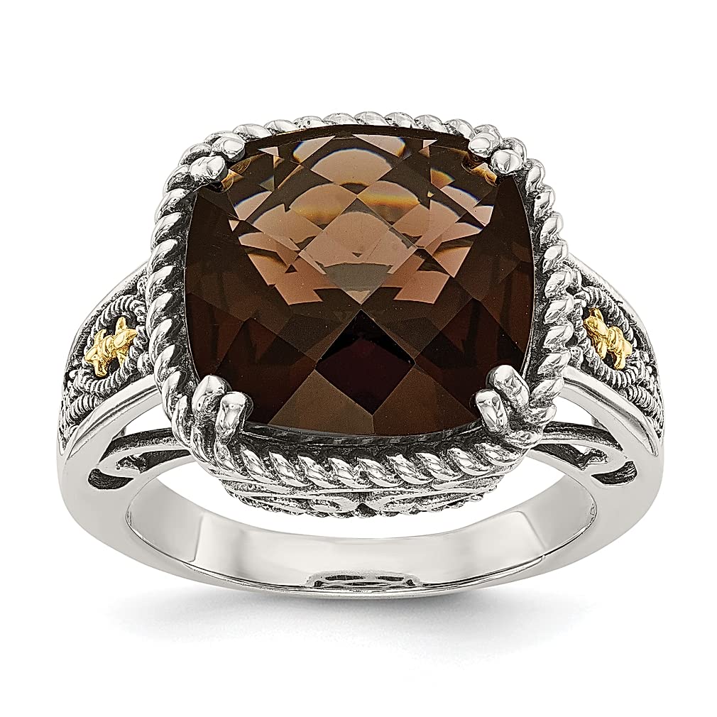 Shey Couture 925 Sterling Silver 14k Gold Accent Smoky Quartz Checkerboard Band Ring - Elegant Gemstone Jewelry for Women, Perfect Gift for Her - Ideal for Weddings, Anniversaries & Special Occasions