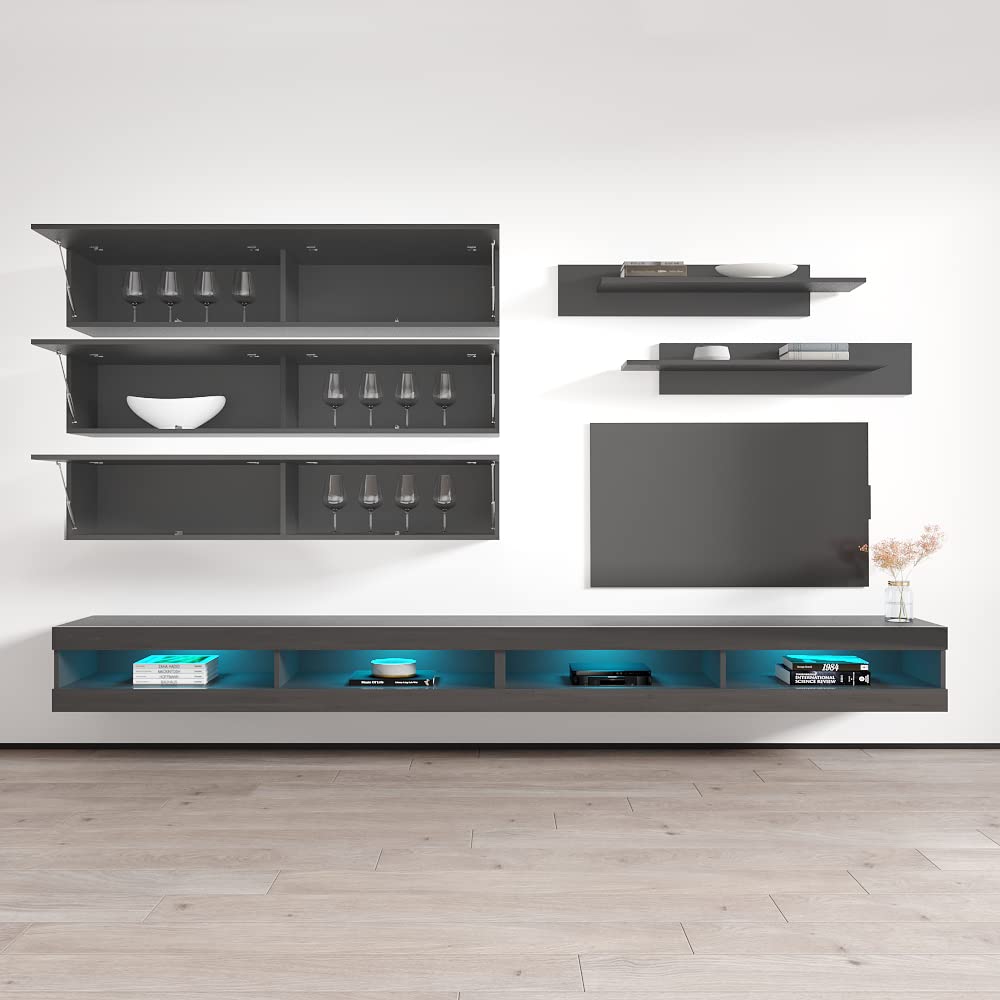 Modern Gray Wall-Mounted TV Stand with Storage Shelves & LED Lights - Floating Entertainment Center Console for Living Room & Bedroom - Meble Furniture Fly J1 34TV Stand - Perfect for Small Spaces, Apartments, and Home Theater Setups