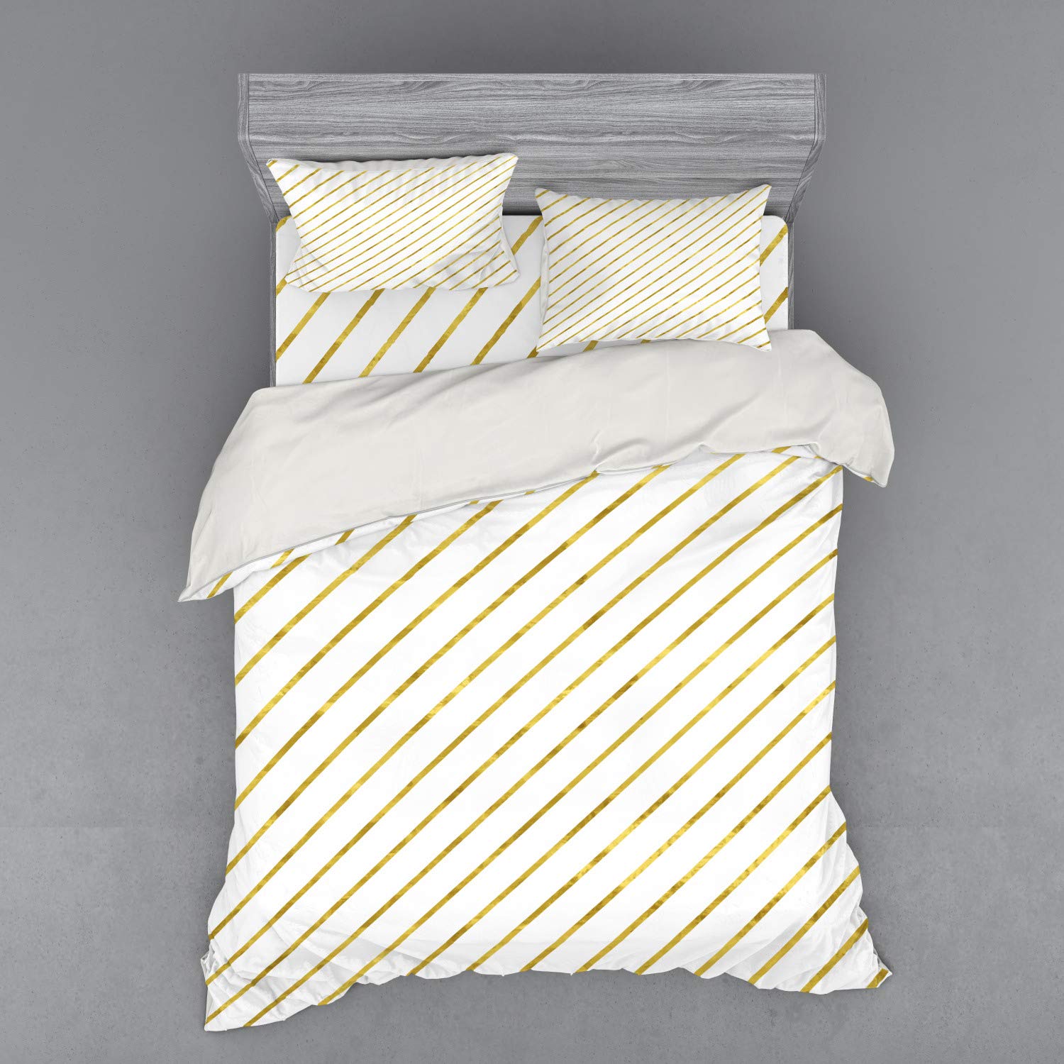 Ambesonne Striped Duvet Cover Set - Modern Geometric Diagonal Lines Abstract Design, 4-Piece Queen Size Bedding Set with Shams & Fitted Sheet in White & Yellow | Perfect for Contemporary Bedrooms, Guest Rooms & Dorm Decor