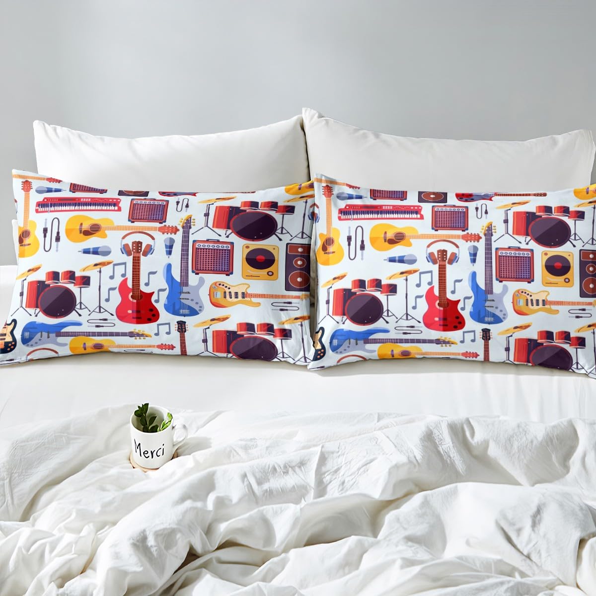 Manfei Full Size Kids Fitted Sheet - Musical Guitar Radio Drum Kit Headset Print 3-Piece Bedding Set for Boys & Girls | Soft Polyester Rock Music Bed Cover with 2 Pillowcases | Perfect for Music Lovers' Bedrooms, Kids' Rooms & Rock-Themed Decor