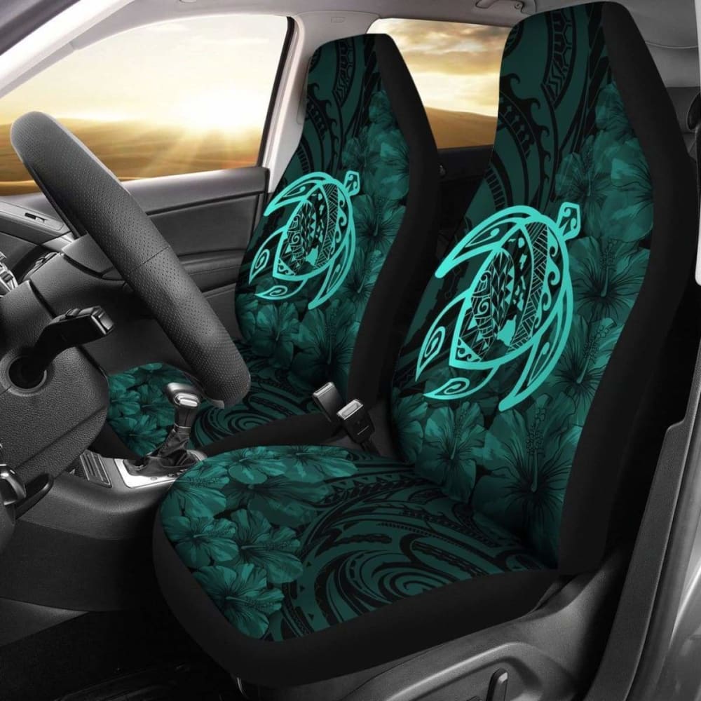 Premium Alohawaii Car Seat Covers - Hawaiian Turtle Map & Hibiscus Design, Polyester Fabric in Turquoise Blue - Perfect for Beach Trips & Tropical Themed Vehicles