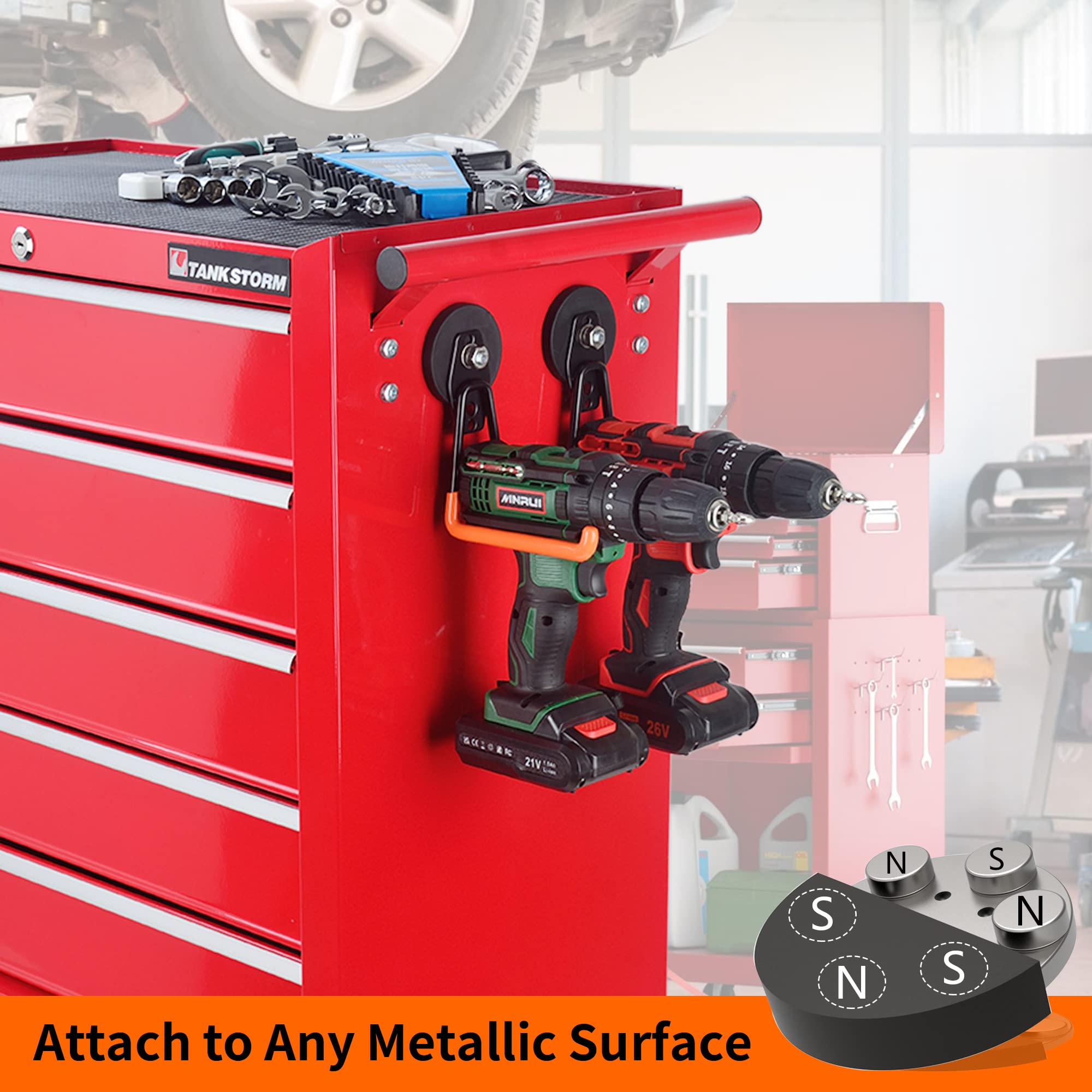 Heavy Duty Magnetic Hooks (2 Pack) - Strong Anti-Slide Garage Hangers for Tool Organization - Perfect for Power Drills, Garden Tools, Hoses & Workshop Storage - Ideal for Garage, Tool Chest & Steel Pegboard Mounting