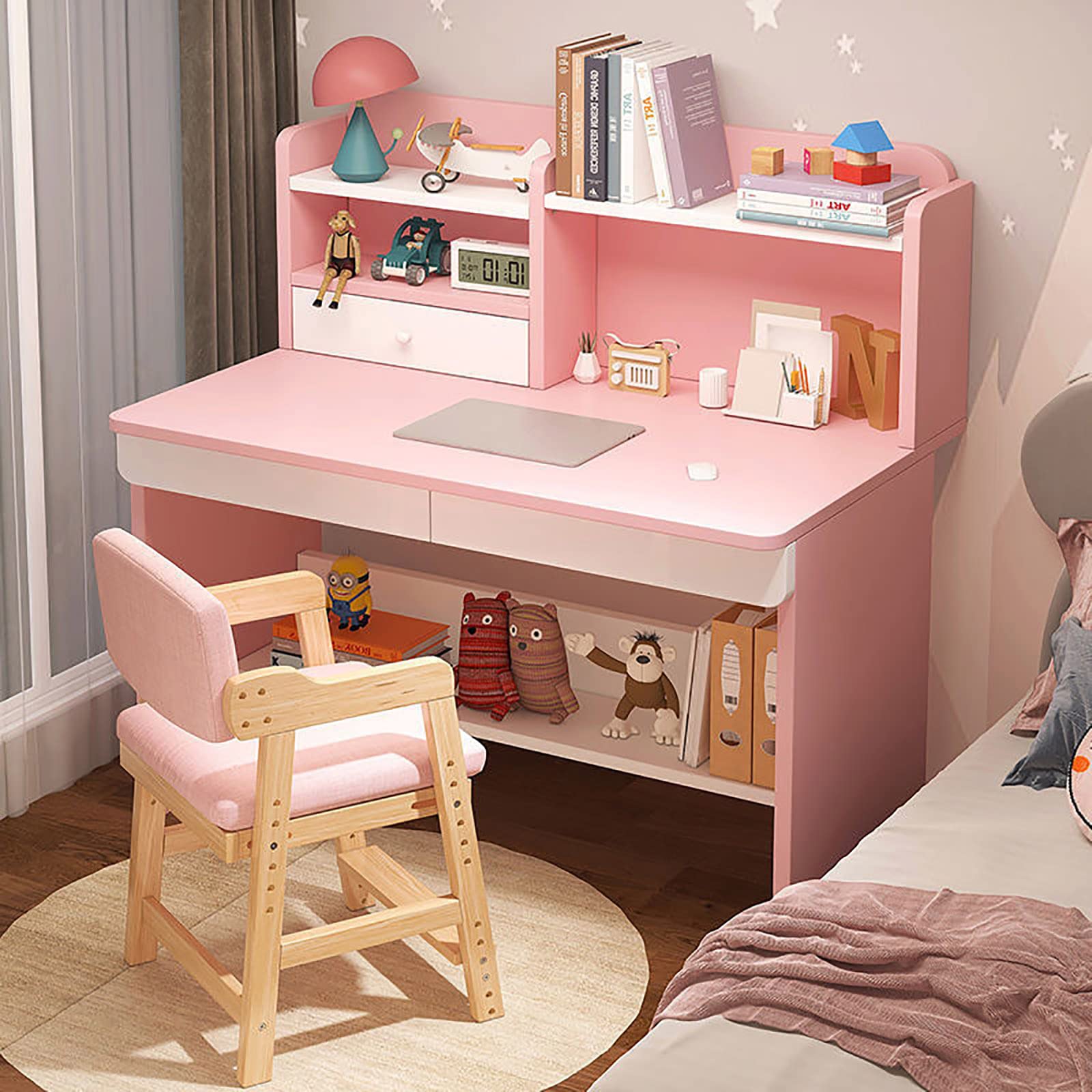 QQXX Adorable Wooden Study Desk and Chair Set with Hutch & Drawers - Kids Study Table Computer Workstation for Boys & Girls - Perfect for Homeschooling, Online Learning & Home Office Use