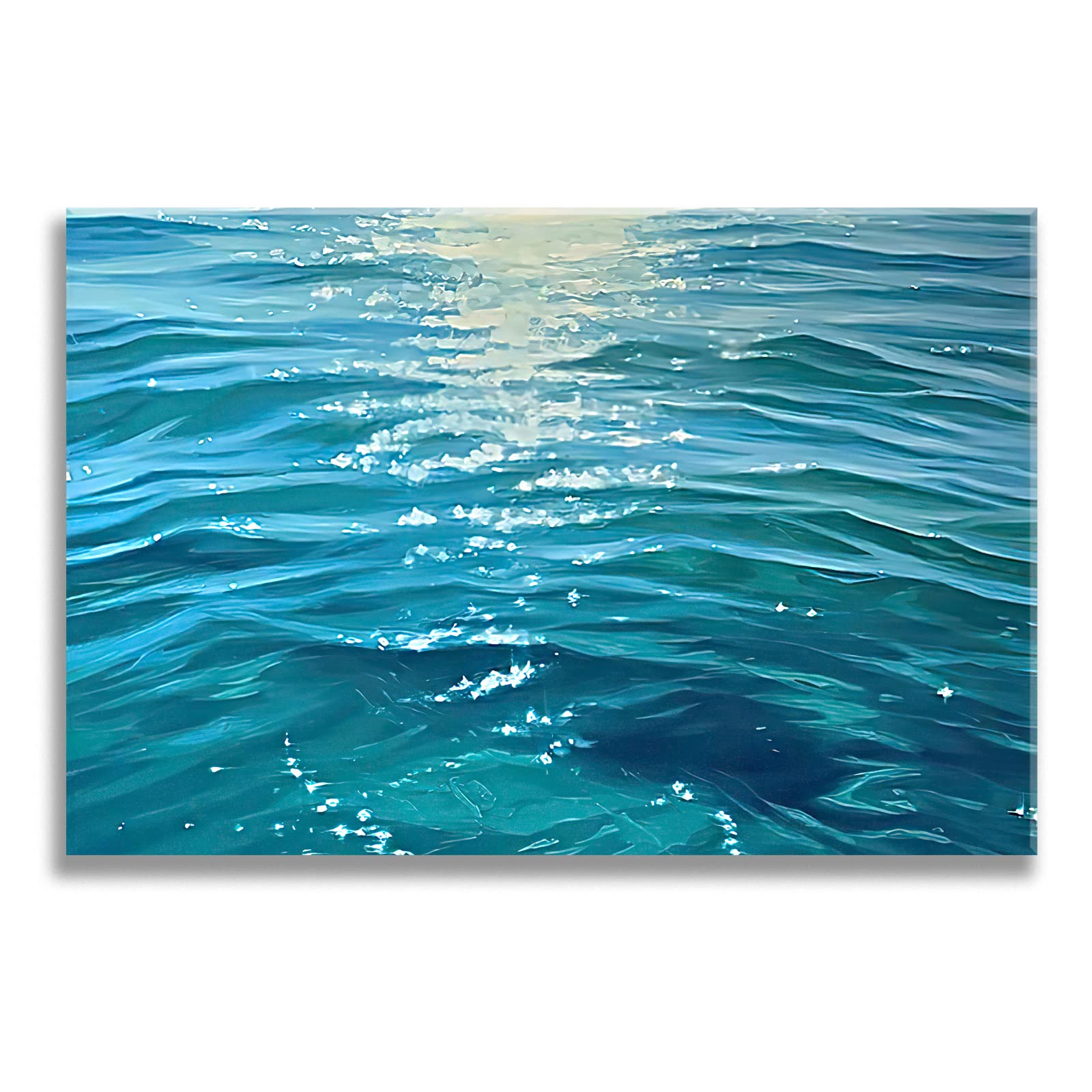 Looife Ocean Wave Canvas Wall Art - Cyan Sparkling Sunset Seascape Painting, Framed Ready-to-Hang Canvas Print (48x36 Inch) - Inspirational Beach Decor for Living Room, Office & Coastal Home Decor