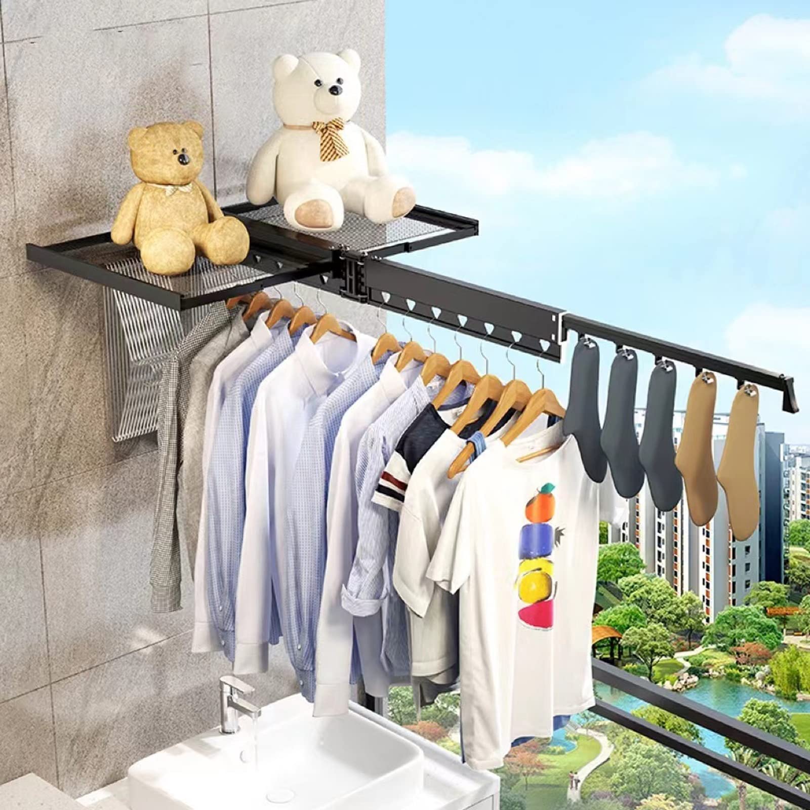 SKIITOON Foldable Wall Mounted Clothes Drying Rack - Space Saving Aluminum Alloy Laundry Rack for Bathroom, Balcony & Small Apartments | Portable Hanging Dryer for Towels, Clothes & Linens (Black)