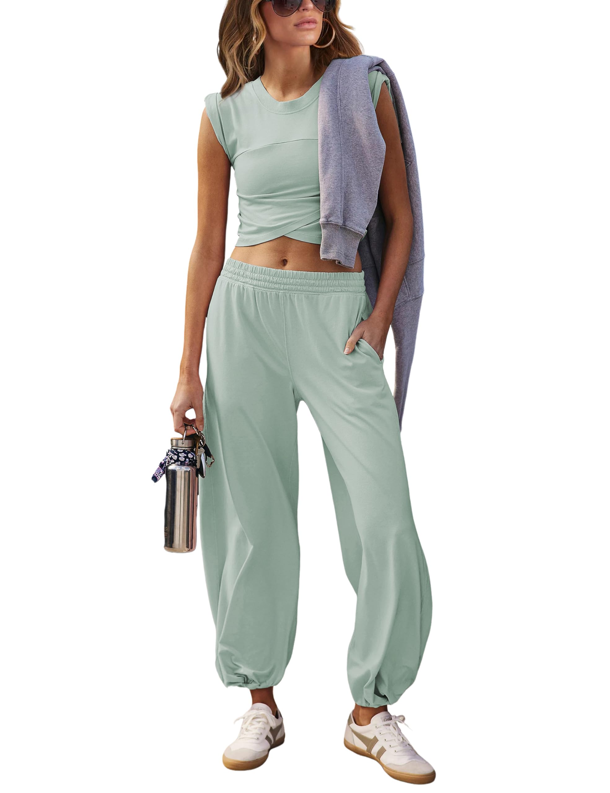 Springrain Women's 2-Piece Casual Lounge Set - Cropped Top & Sweatpants with Pockets | Comfortable Tracksuit for Home, Yoga & Running (Springrain 女士两件套休闲家居服 - 短款上衣和带口袋运动裤 | 适合居家、瑜伽和跑步的舒适运动套装)