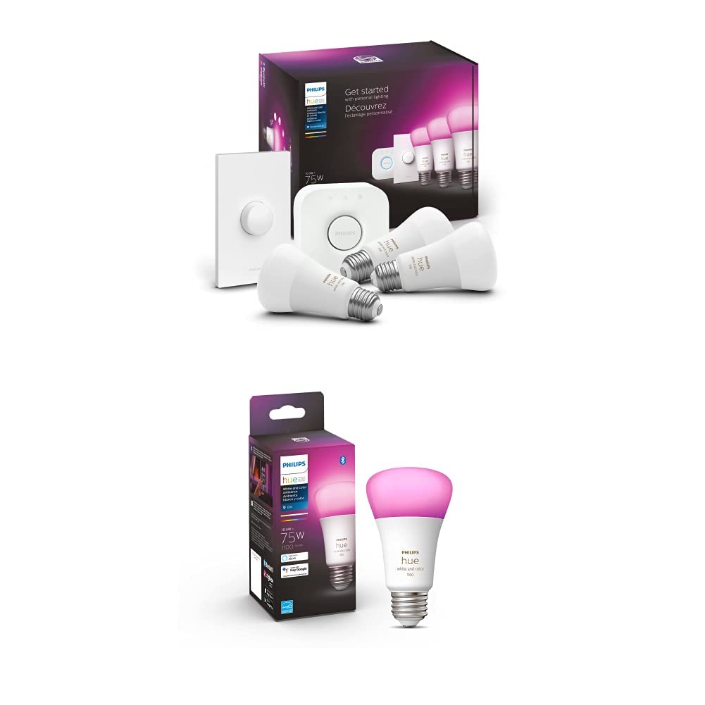 Philips Hue 75W Color Smart Button Starter Kit with 4 A19 Smart Bulbs & Hue Hub - Works with Alexa, Google Assistant & Apple HomeKit (563338) | Smart Lighting for Home Automation, Bedroom, Living Room & Office