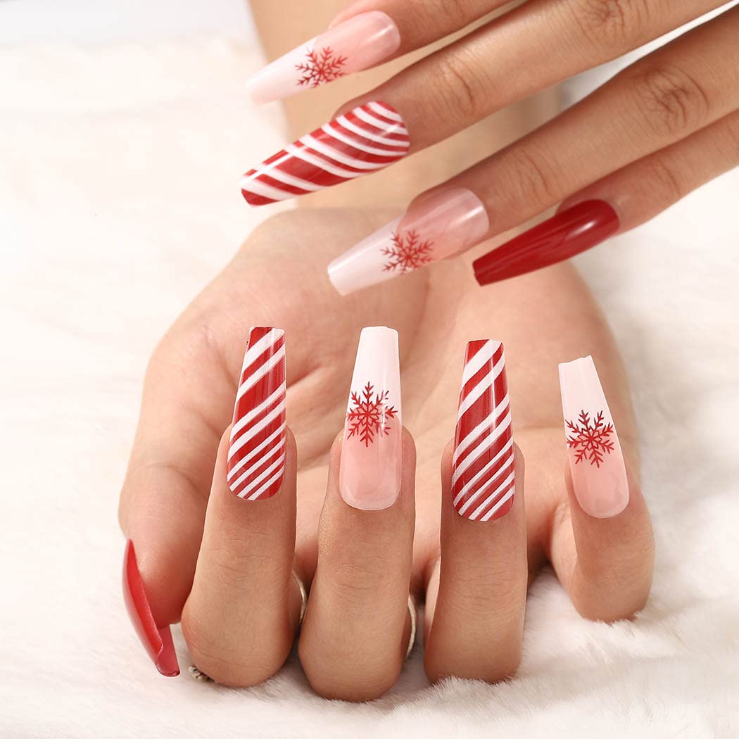 **Aksod 24Pcs Christmas Press on Nails - Glossy Red Coffin Fake Nails with Snowflake Design, Super Long Ballerina Full Cover Artificial Nails for Women & Girls | Perfect for Holiday Parties, Gift Giving & Special Occasions**