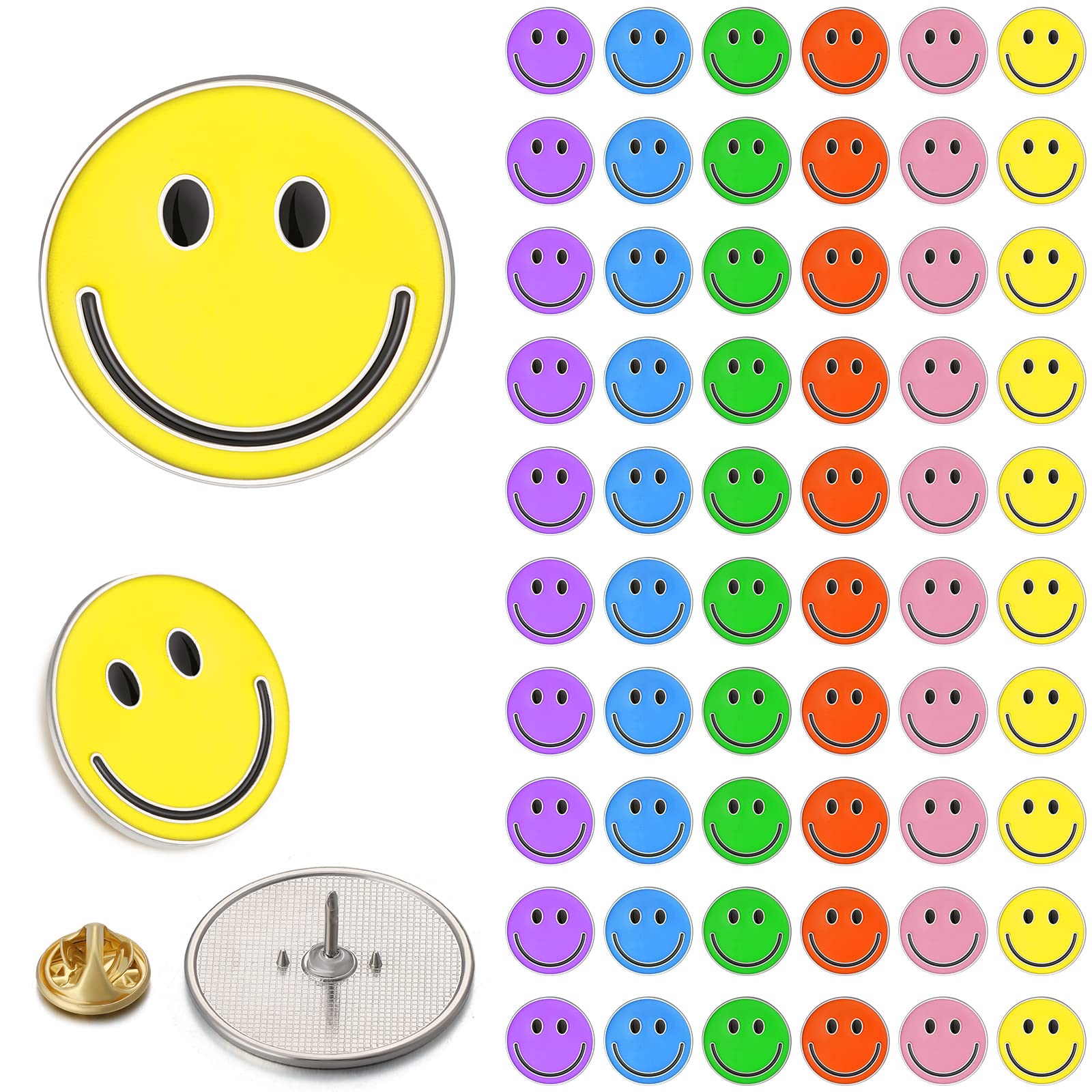 60 Pack Happy Face Lapel Pins Bulk - Cute Smiley Pinback Buttons for Teachers, Students & Kids - Funny Badges for Clothes, Backpacks, Jackets & Accessories (Blue, Pink, Orange, Yellow, Green, Purple) - Perfect for Classroom Rewards, Party Favors & Gifts