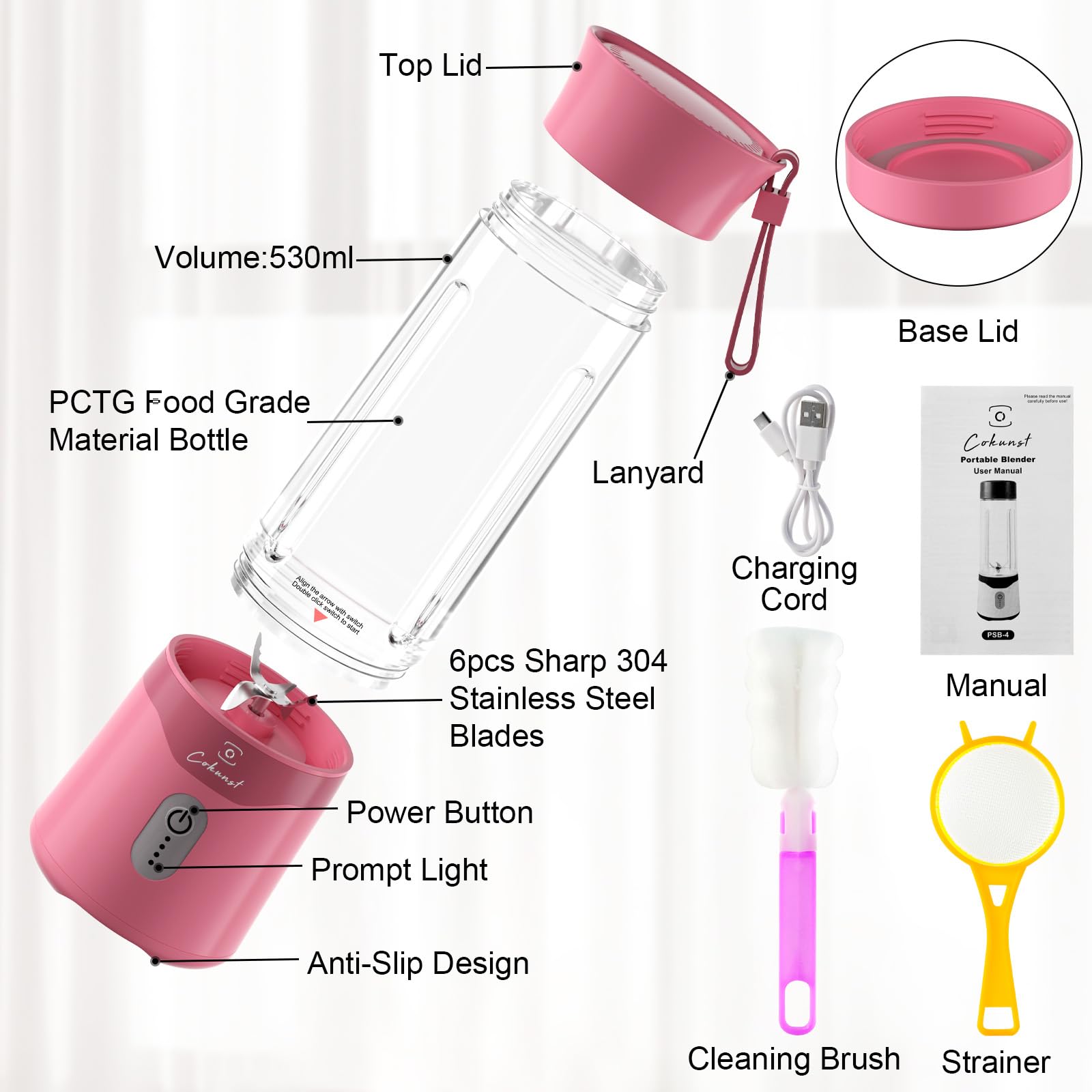 COKUNST 18oz Portable Blender - USB Rechargeable Personal Smoothie Maker with 6 Stainless Steel Blades for Protein Shakes, Juices & Healthy Drinks - Compact Travel Blender with Handle Lid - Perfect for Gym, Office, Hiking & Outdoor Activities - Pink