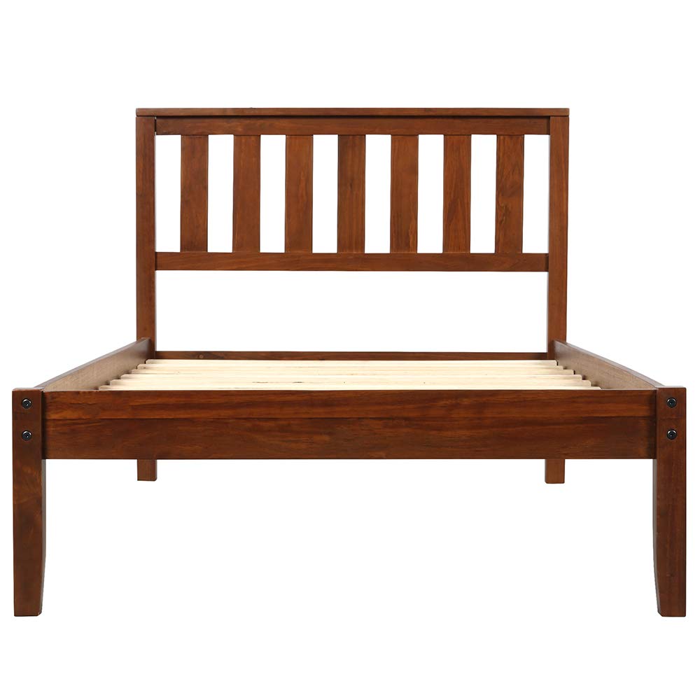 Solid Wood Platform Bed with Headboard & Wood Slat Support - Twin Size Walnut Finish for Modern Bedroom & Guest Room Furniture