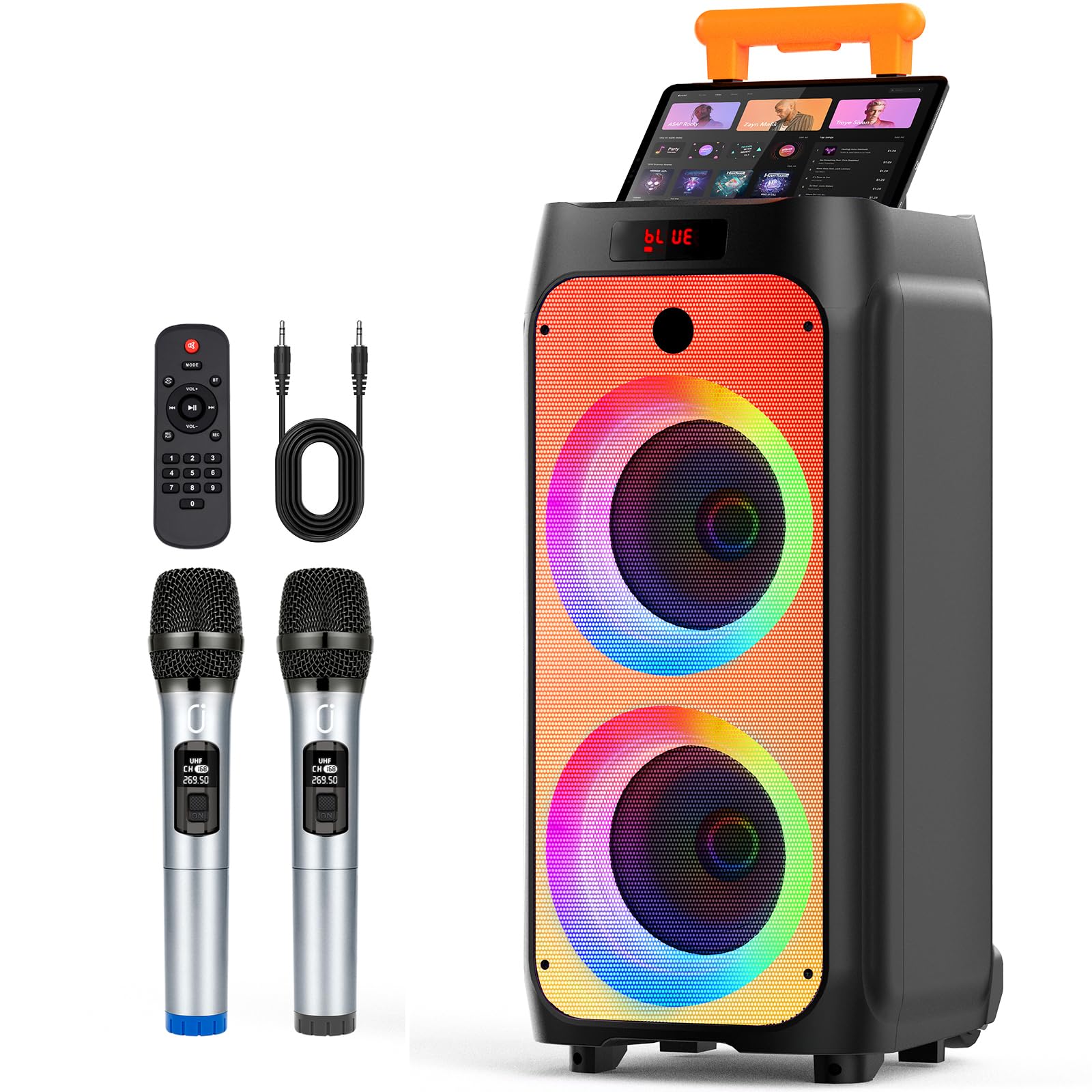 Professional Karaoke Machine with 2 Wireless Microphones - 500W Bluetooth Party Speaker System with Disco Lights & Rolling Wheels for Home, Outdoor & Events | Perfect for Parties, Gatherings & Family Singing Fun