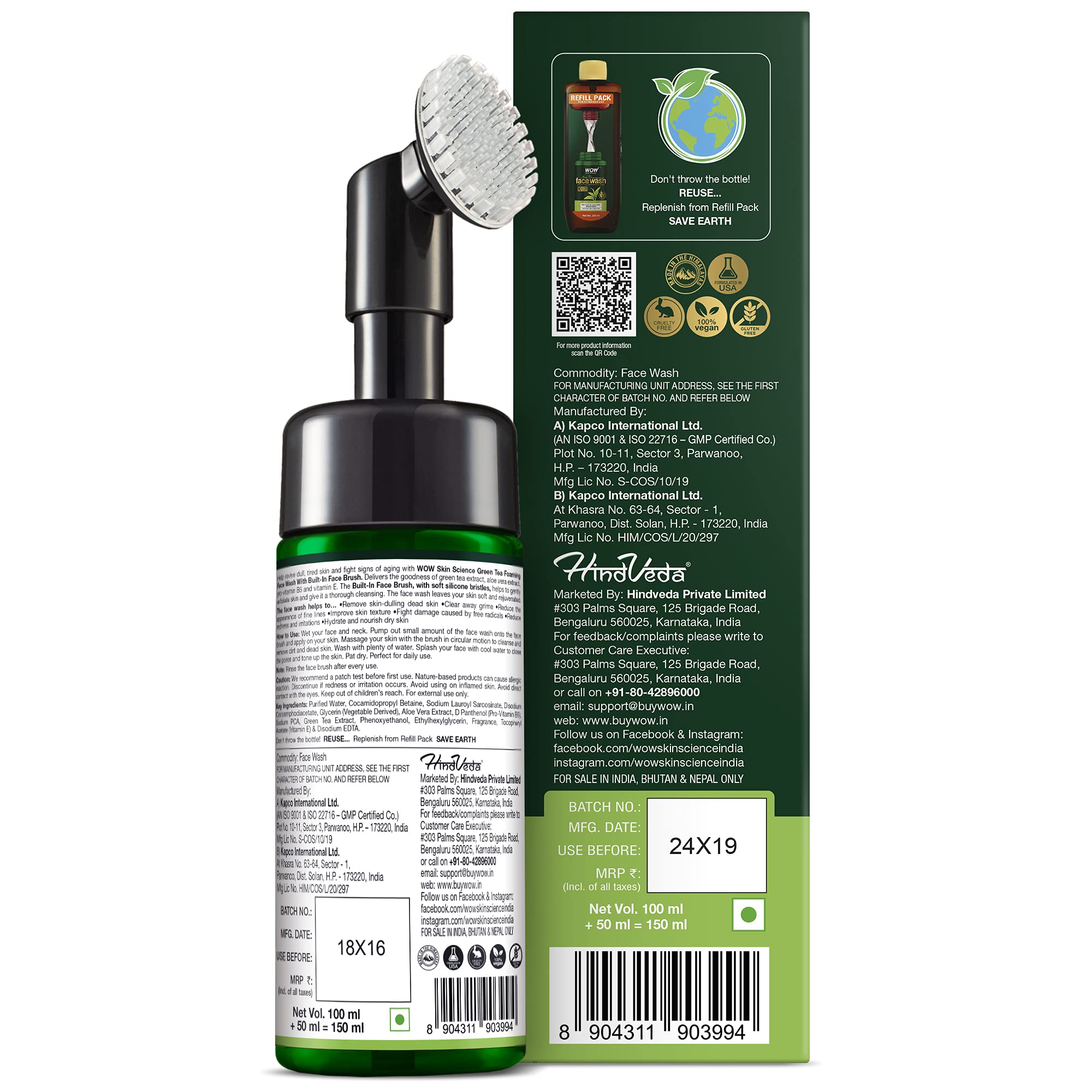 WOW Skin Science Green Tea Foaming Face Wash with Built-In Face Brush - Acne Treatment & Pore Cleanser for Clear Skin - 150mL | Daily Deep Cleansing for Oily & Combination Skin