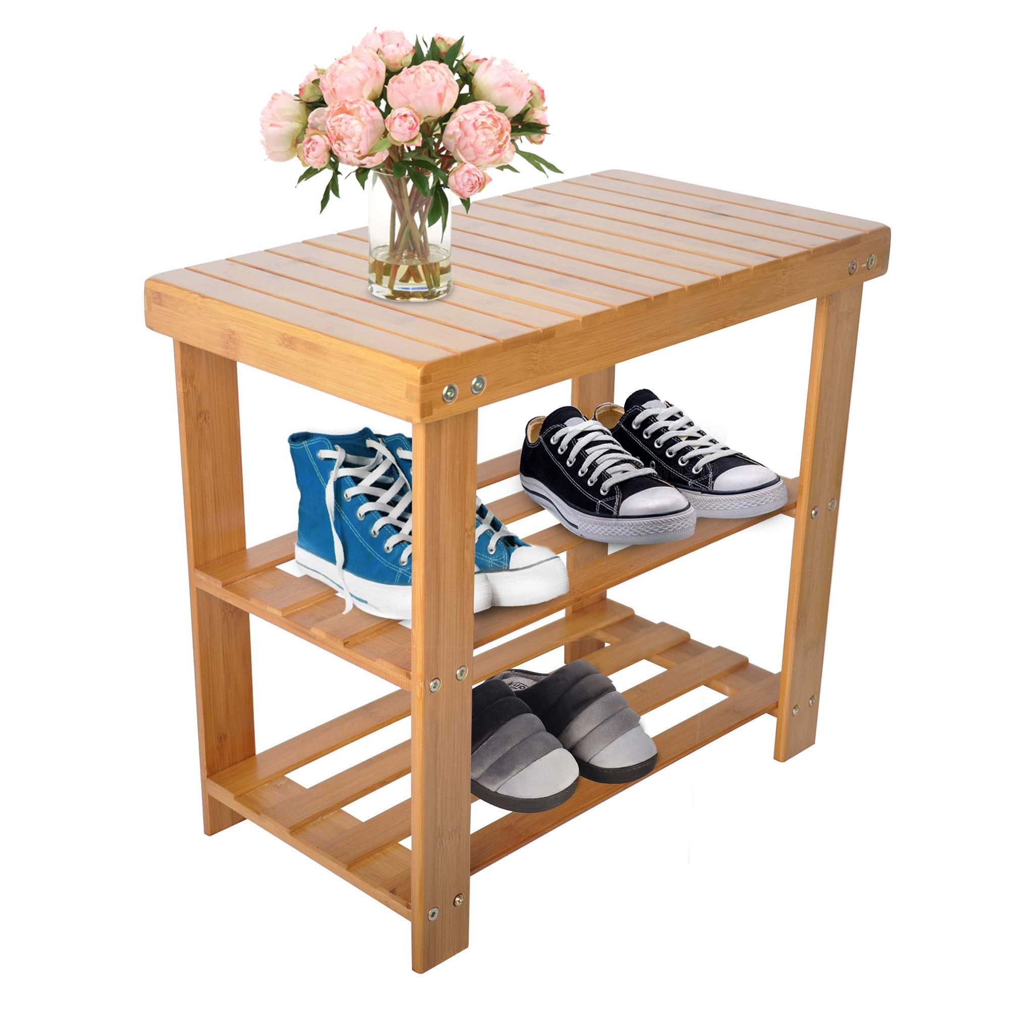 Livebest 3-Tier Bamboo Shoe Rack Organizer - Sturdy Entryway Shoe Storage Shelf & Bench for Home, School, Dorm, or Office | Space-Saving Shoe Organizer for Closet, Hallway & Mudroom