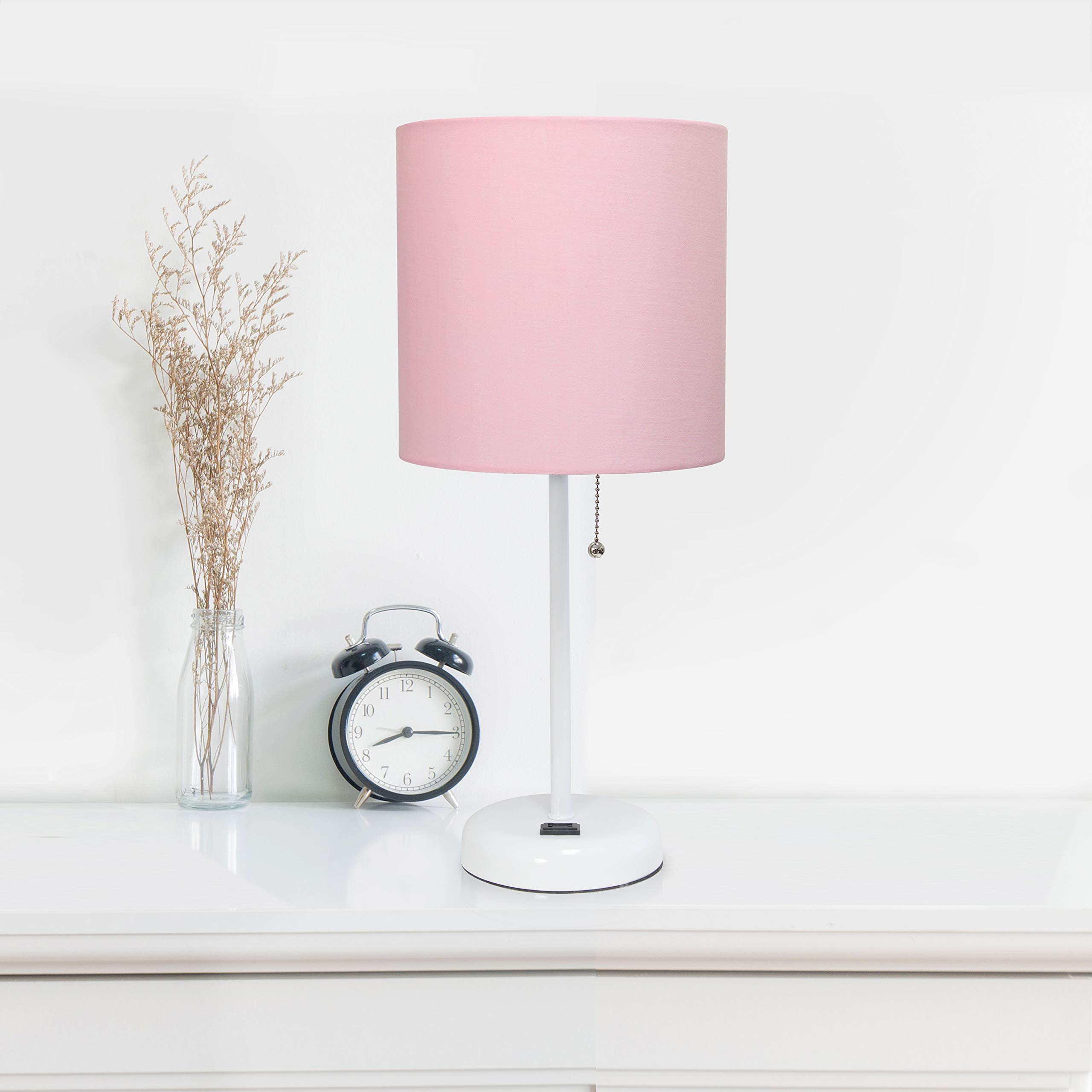 Simple Designs LT2024-POW White Stick Table Desk Lamp with USB Charging Outlet & Drum Fabric Shade - Light Pink Modern Lighting for Home Office, Bedroom Nightstand or Study Room