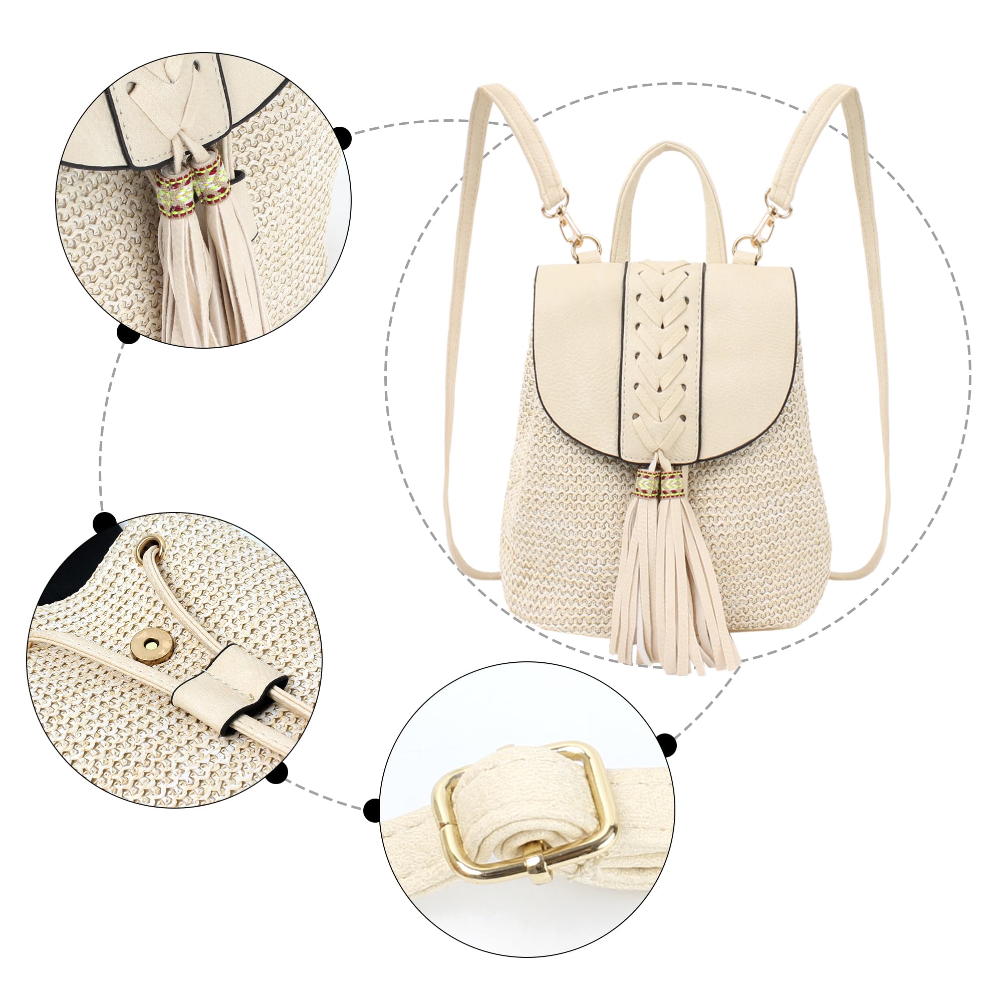 Women's Mini Braid Tassel Straw Woven Backpack - PU Leather Flap Drawstring Daypack, Small Convertible Crossbody Purse for Beach, Travel & Everyday Use