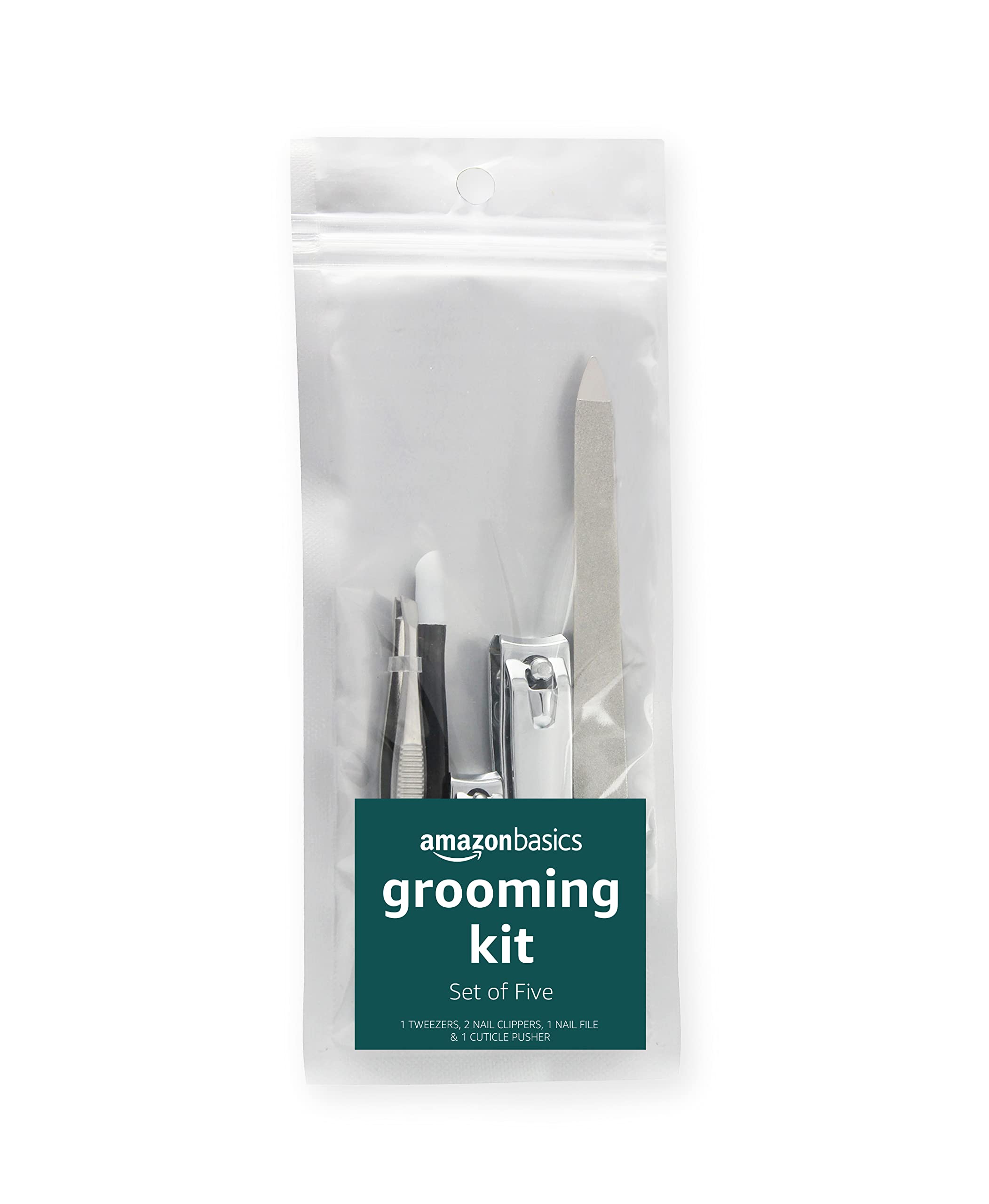 Amazon Basics 5-Piece Basic Grooming Kit for Men & Women - Nail Clippers, Tweezers, Scissors, Nail File & Cuticle Pusher - Perfect for Travel, Home & Personal Care