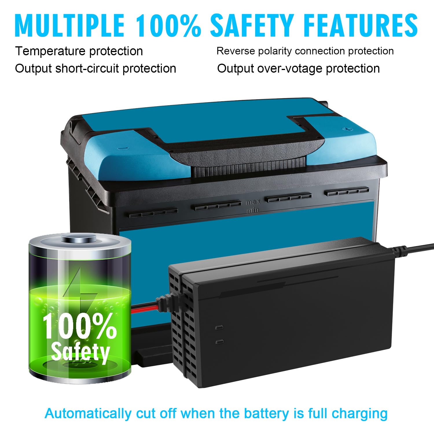 36V 10A LiFePO4 Lithium Battery Charger for EZGO Golf Carts - 36V/43.8V Fast Charging with Cooling System & Safety Protection - Perfect for Auto, RV, Marine, Lawn Mower & Power Sports Applications