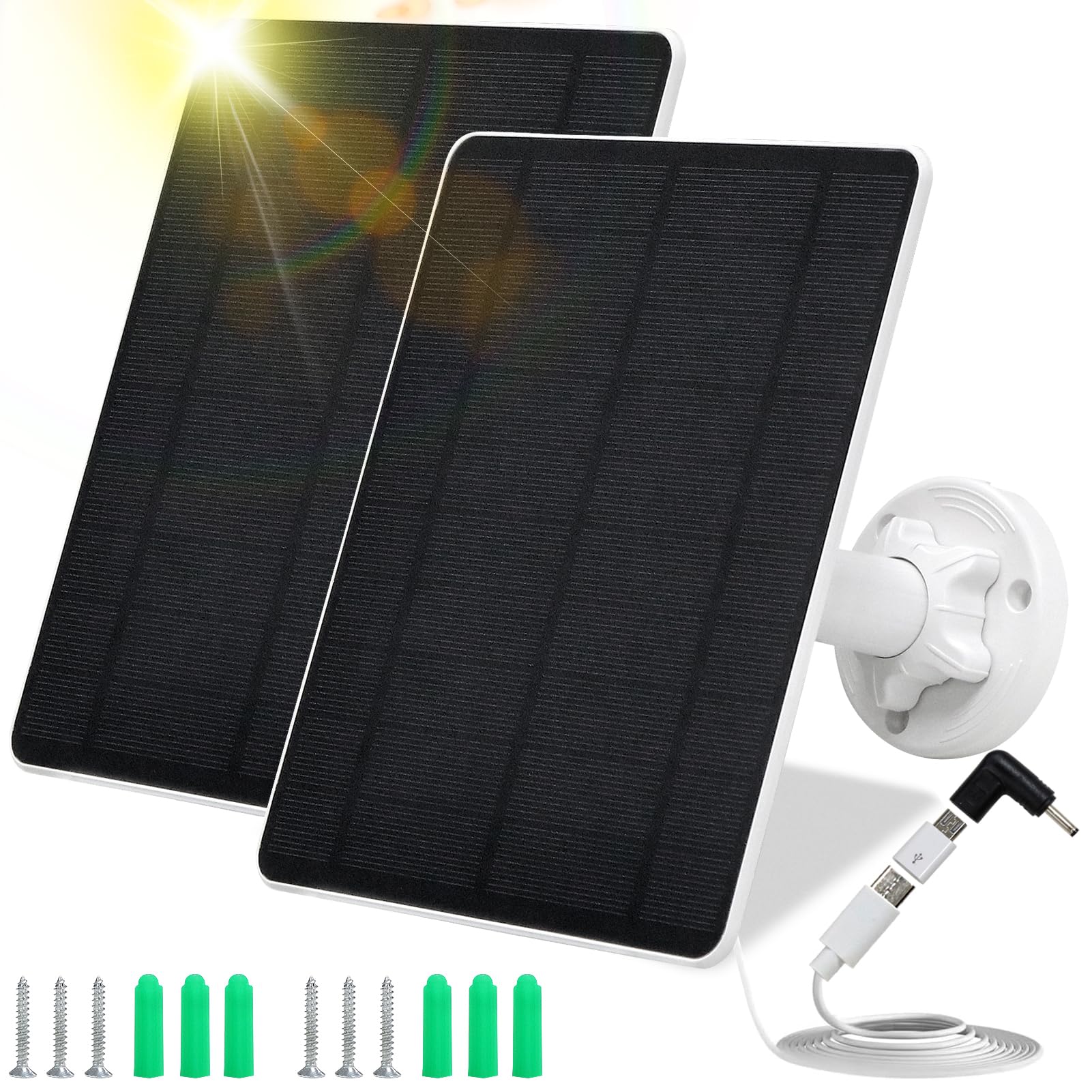 5W USB Solar Panel for Security Cameras - IP65 Waterproof, 9.8ft Cable, Adjustable Mount - Compatible with Micro USB, USB-C & DC (2 Pack) - Perfect for Outdoor Surveillance, Home Security & Wireless Camera Charging