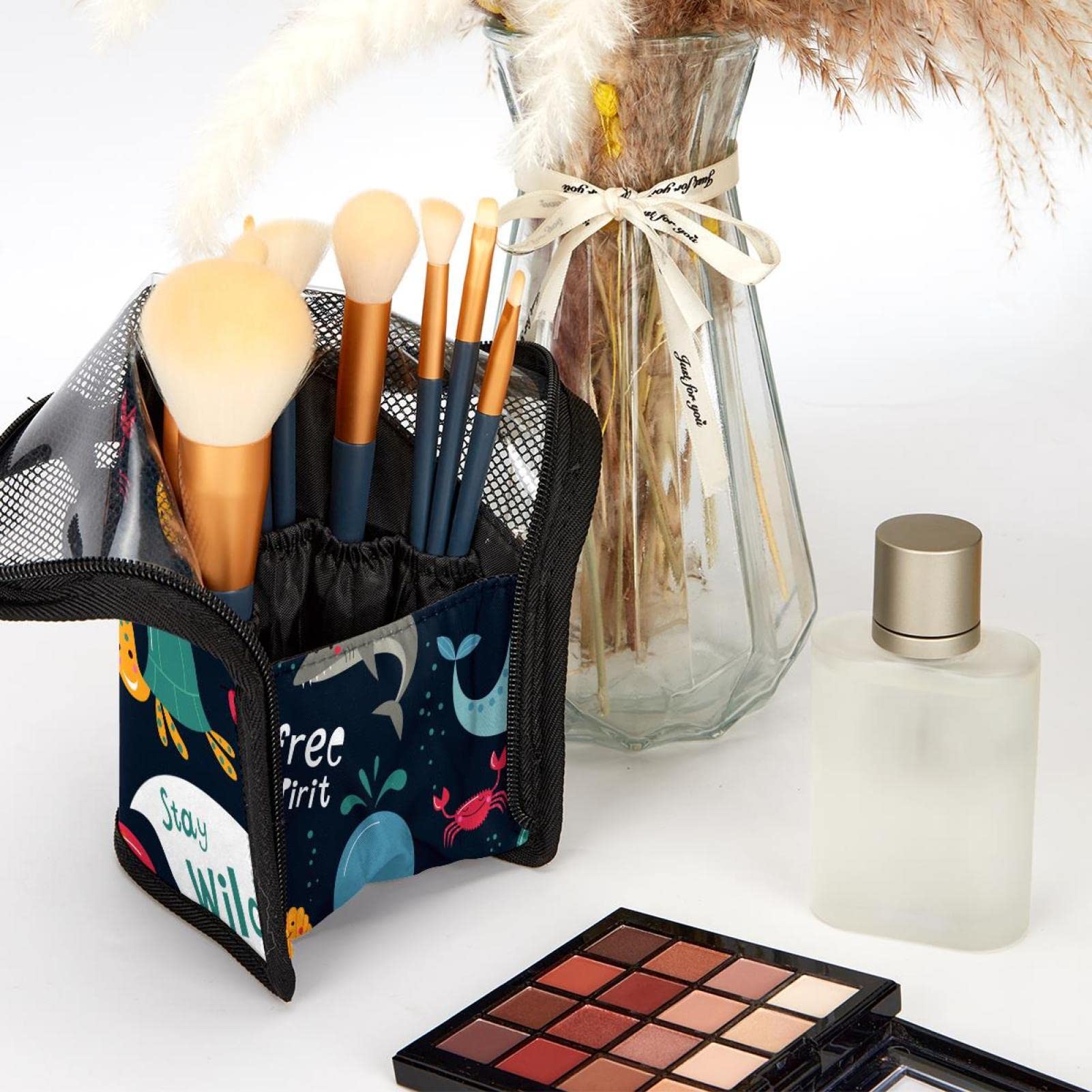 12-Piece Makeup Brush Organizer Bag with Portable Holder Case – Monsters of The Deep Sea Design – Perfect for Travel & Daily Makeup Storage