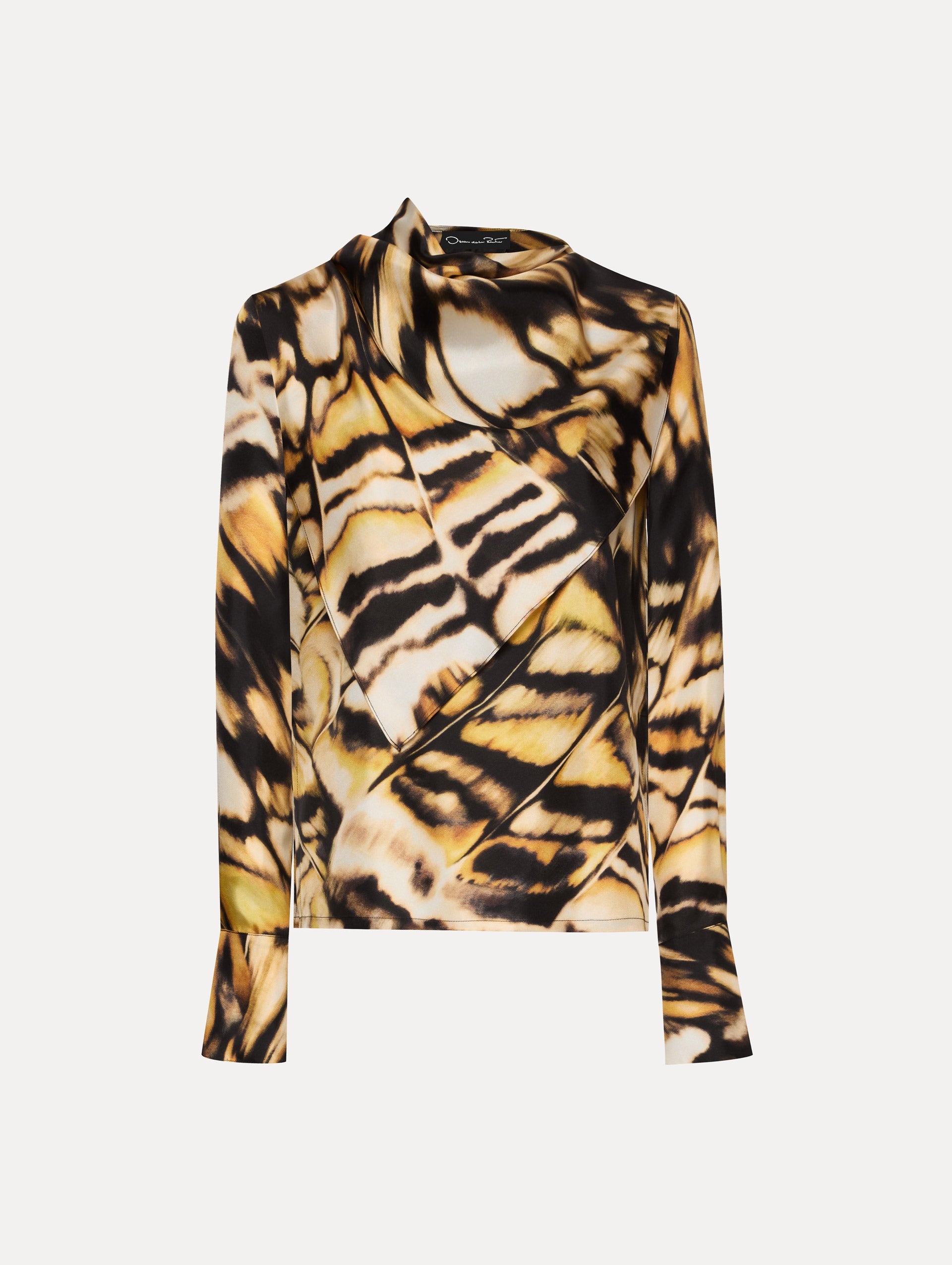 Abstract Butterfly Print Silk Twill Blouse for Women - Elegant Long Sleeve Shirt for Office, Party & Special Occasions