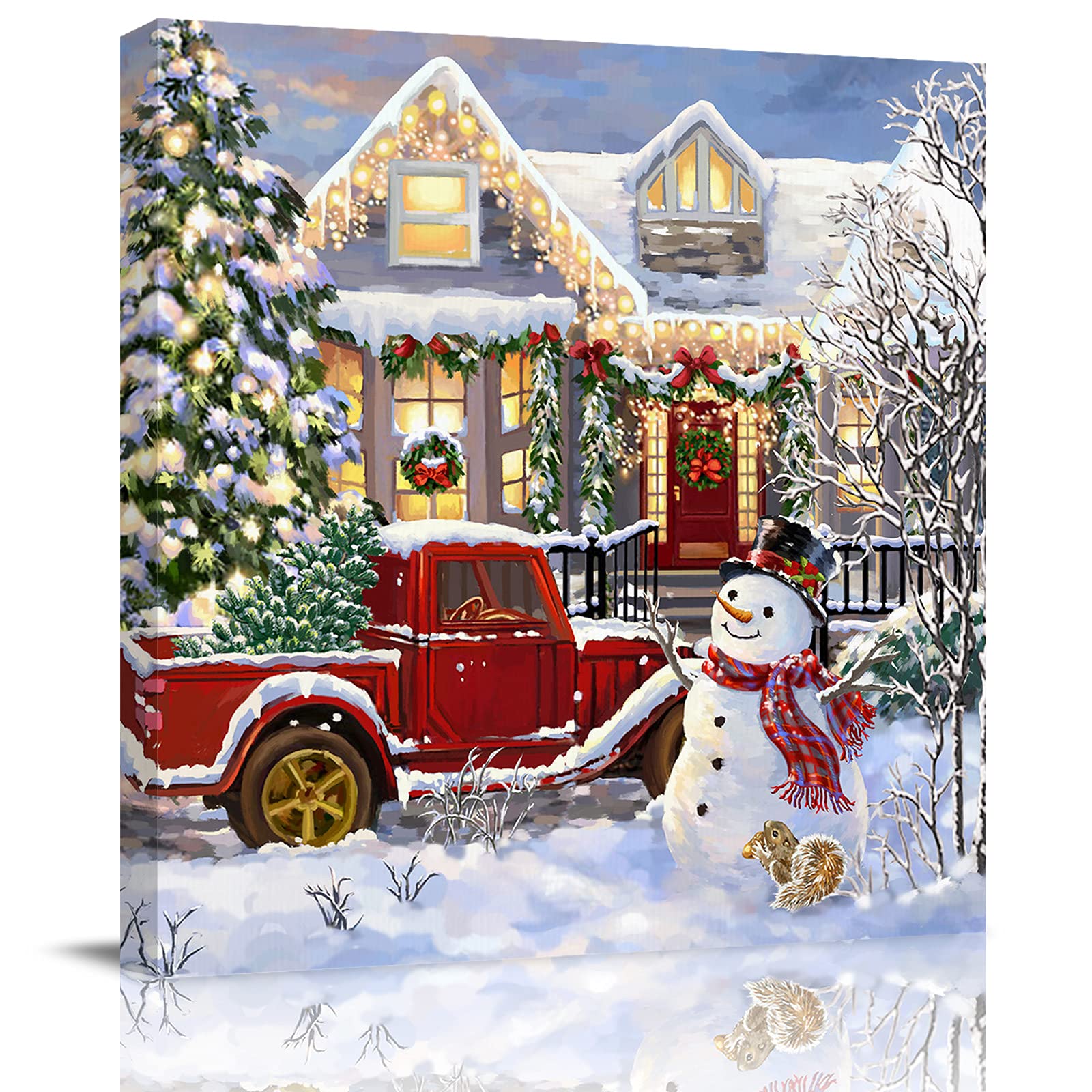 Christmas Snowman Red Farm Truck Canvas Wall Art - Winter Village Oil Painting Print Framed Picture 8x8 Inch - Perfect for Living Room, Bedroom & Kitchen Decor (Holiday Gift Idea)