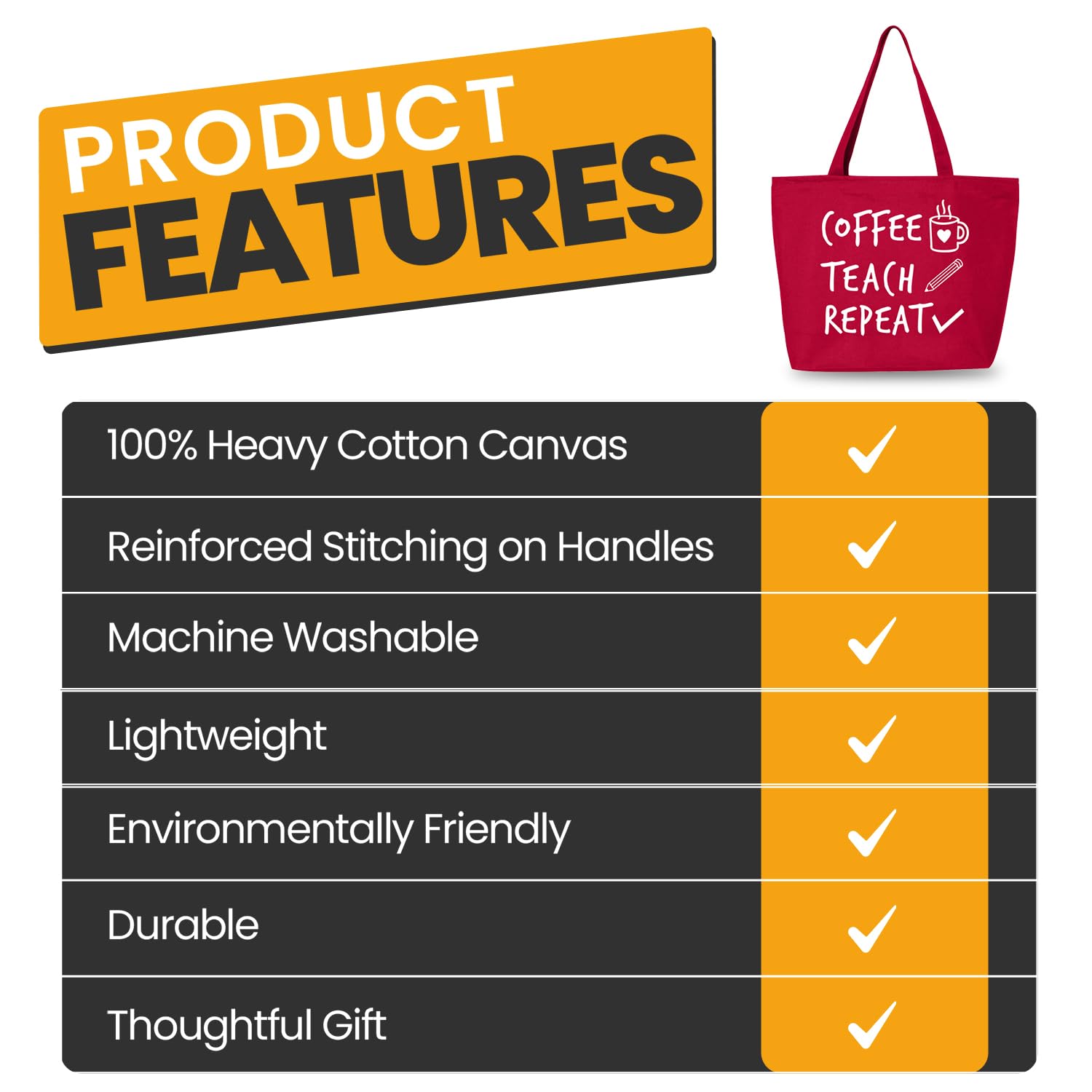 Shop4Ever Coffee Teach Repeat Teacher Appreciation Gift - Heavy Duty Zippered Canvas Tote Bag, Reusable Grocery Shopping Bag for Educators - Perfect for School, Work, and Everyday Use