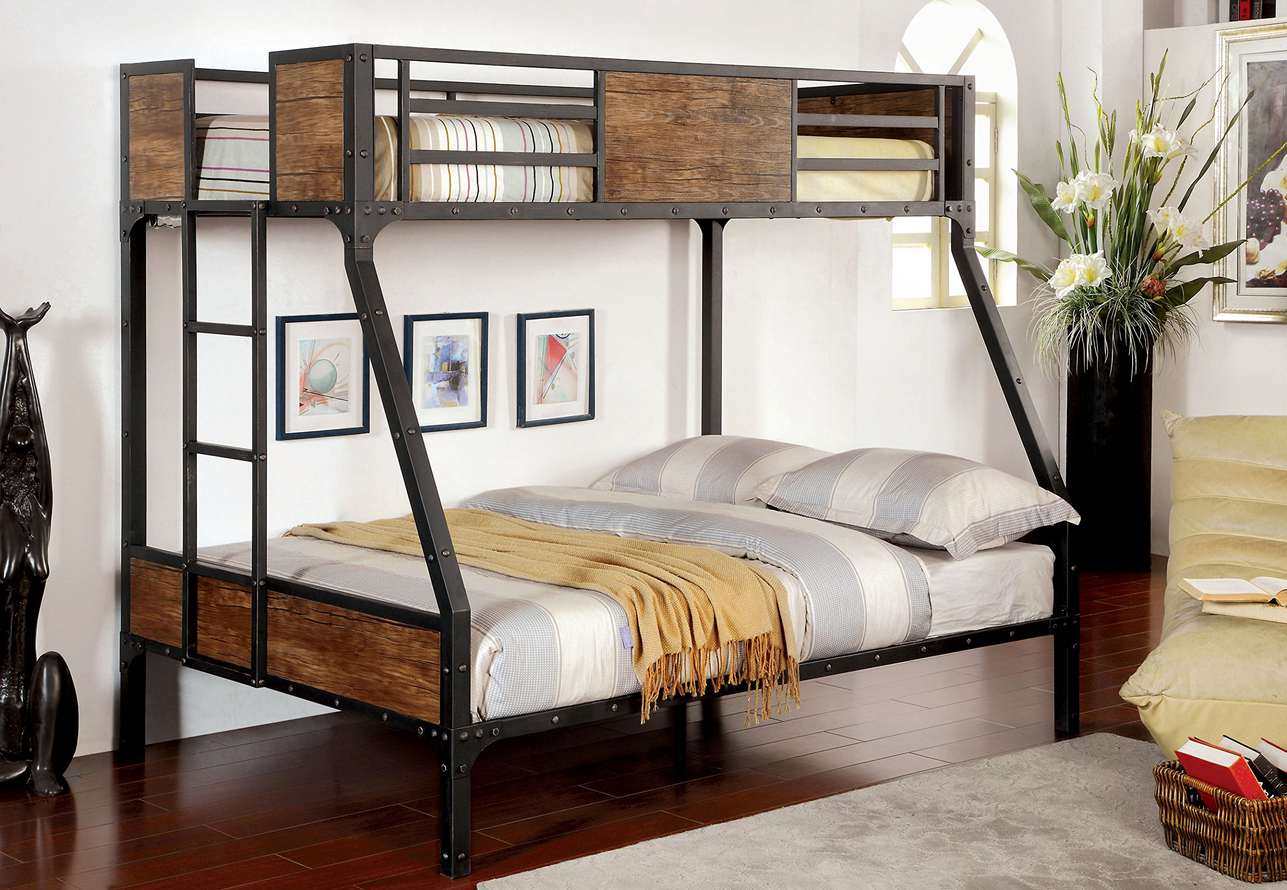 Furniture of America Megyver Two-Level Industrial Metal Bunk Bed - Twin Over Full Size - Black - Space Saving Bed for Kids, Teens & Guest Rooms