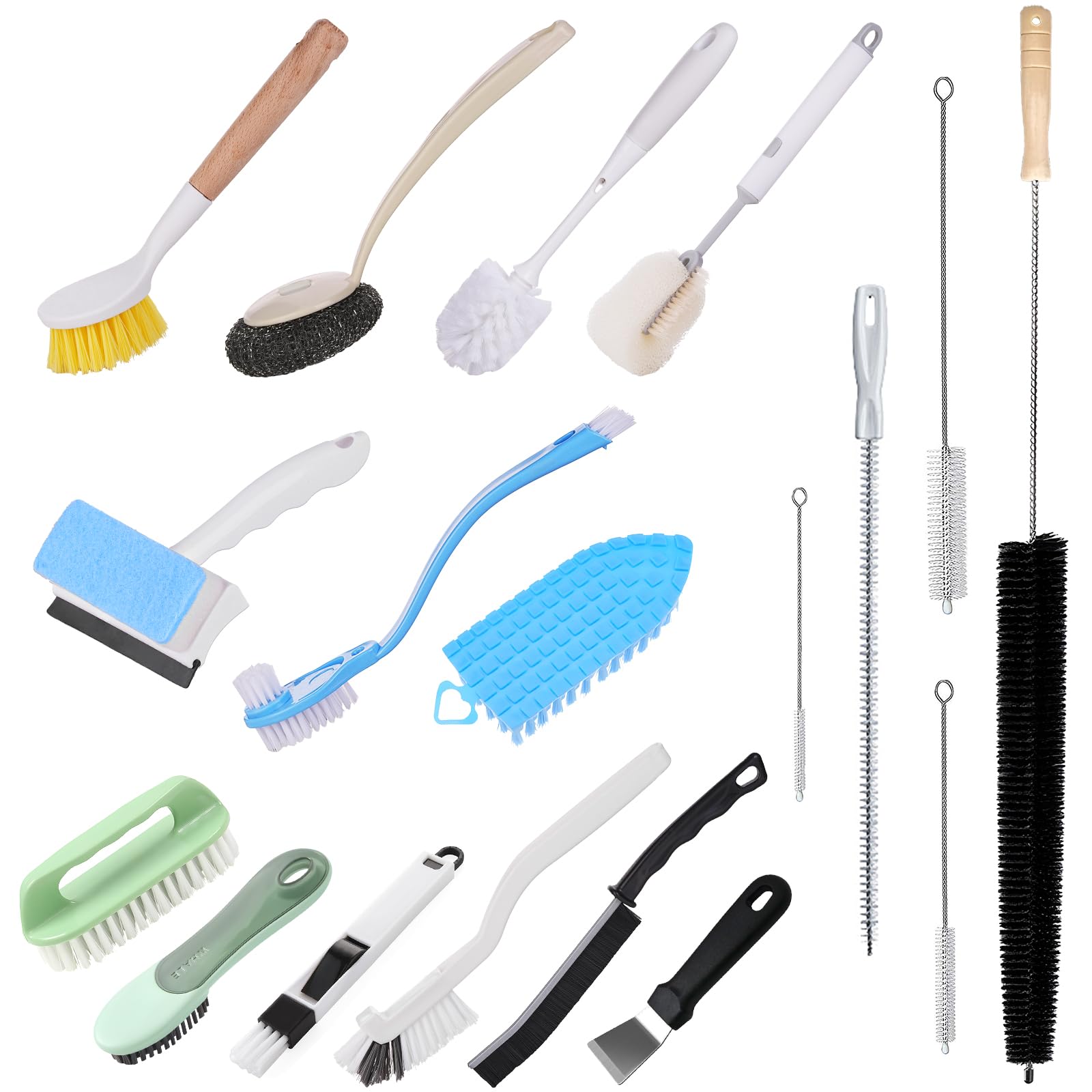 18-Piece Household Cleaning Brushes Set - Pot Brush, Window Wiper, Shoe Brush, Laundry Brush, Bottle Brush, Pipe Brush, Stove Scraper & Crevice Brush for Kitchen, Bathroom & Home Deep Cleaning