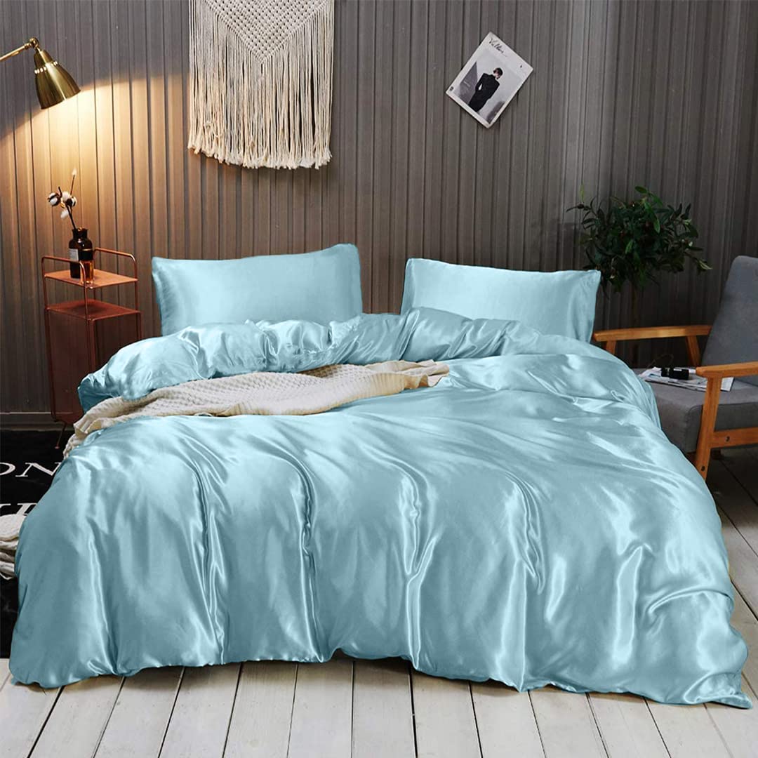 Luxury 7-Piece Olympic Queen Silk Satin Sheet Set - Cooling Breathable Hotel Quality Bedding with Deep Pockets - Wrinkle-Free Sky Blue Duvet Cover & Pillowcases - Perfect for Hot Sleepers & Upscale Bedroom Decor