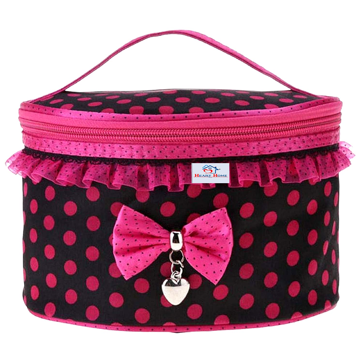 Kuber Industries Dot Printed Makeup Bag - Waterproof Travel Toiletry Case & Cosmetic Organizer with Top Handle & Small Mirror (Pink & Red) - Perfect for Travel, Gym, and Daily Makeup Storage