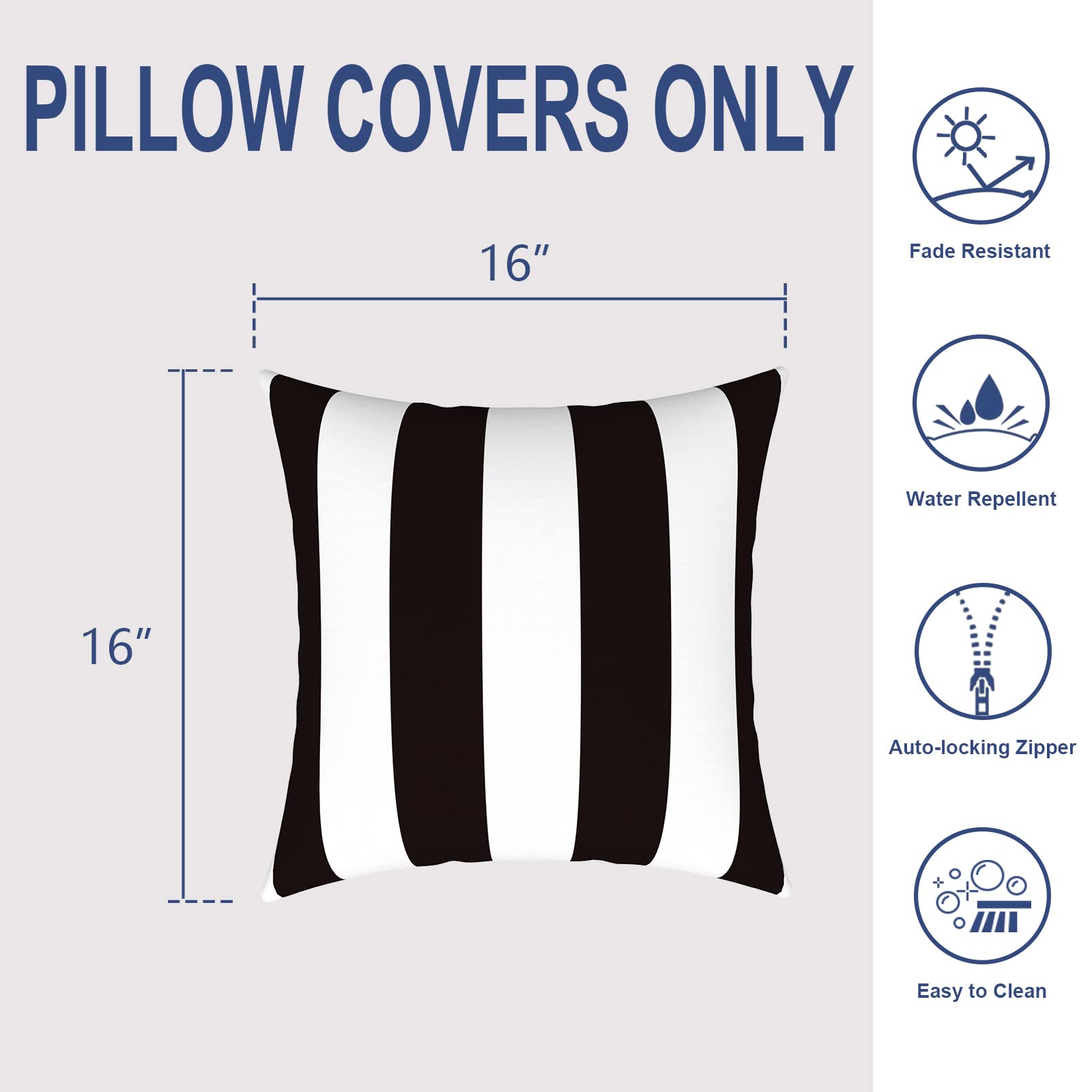 Premium 16x16 Inch All-Weather Square Throw Pillow Covers Set of 2 - Indoor/Outdoor Decorative Pillow Cases for Sofa, Patio, Cabana & Home Furniture - Cabana Black Design - Perfect for Living Room, Garden & Poolside Relaxation