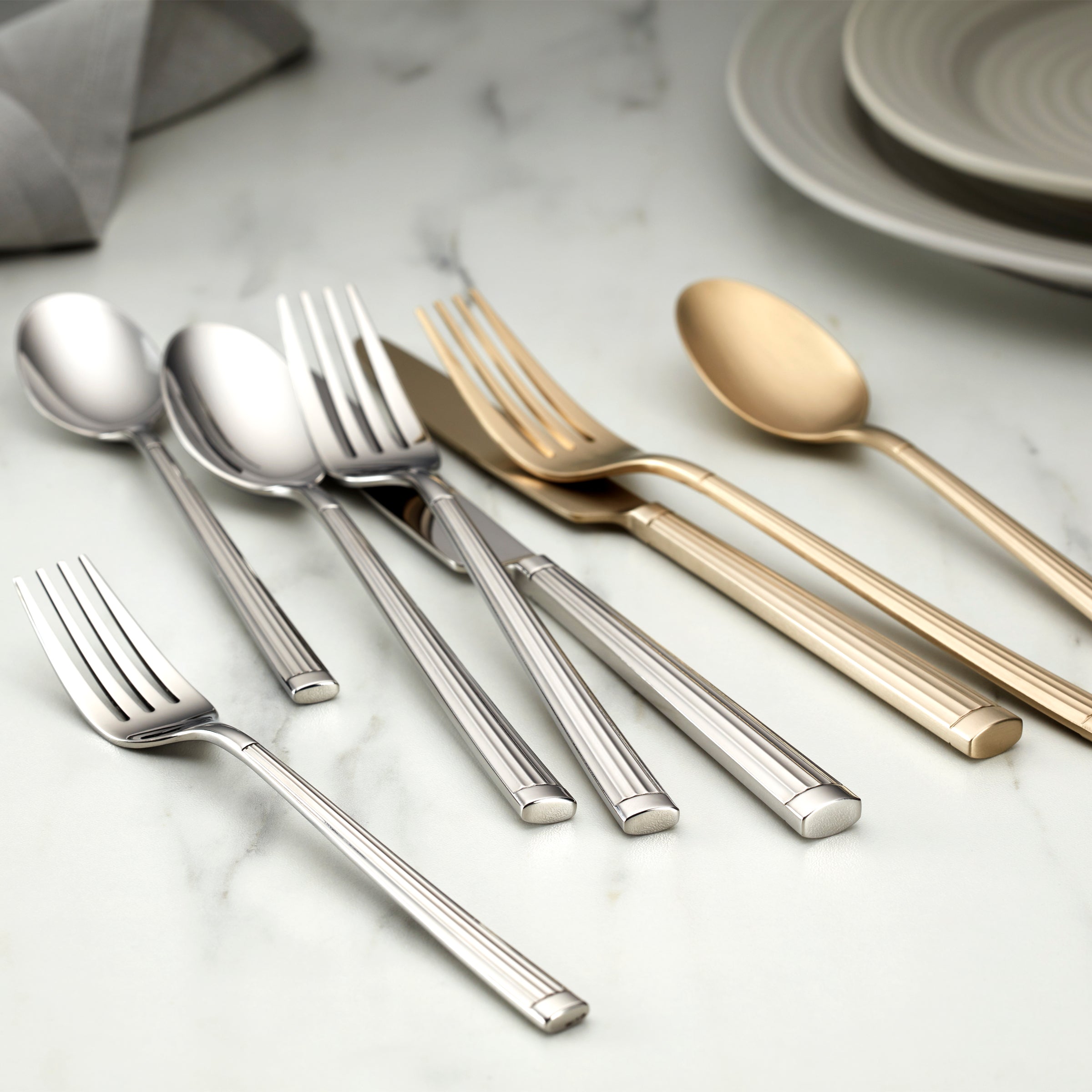 Robyn Champagne Mist Satin 20-Piece Flatware Set - Elegant Stainless Steel Cutlery for Fine Dining, Wedding Gifts & Formal Dinner Parties