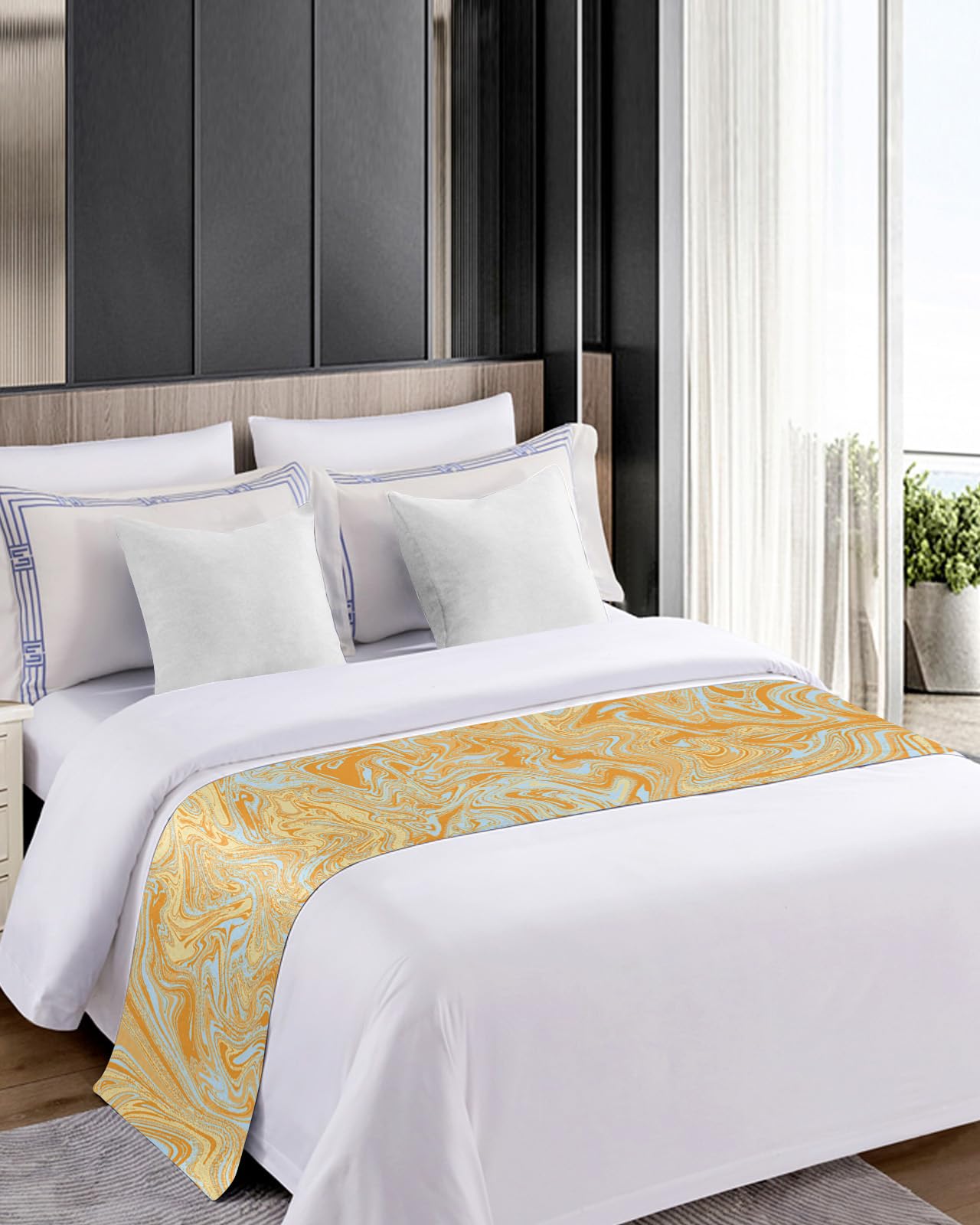Luxury Yellow Teal Bed Runner for Queen Size Bed - Modern Irregular Geometric Abstract Art Bed Scarf Throw (83 x 20 Inch) | Elegant Foot of Bed Cover for Home & Hotel Decor | Perfect for Bedroom Styling & Protecting Mattress