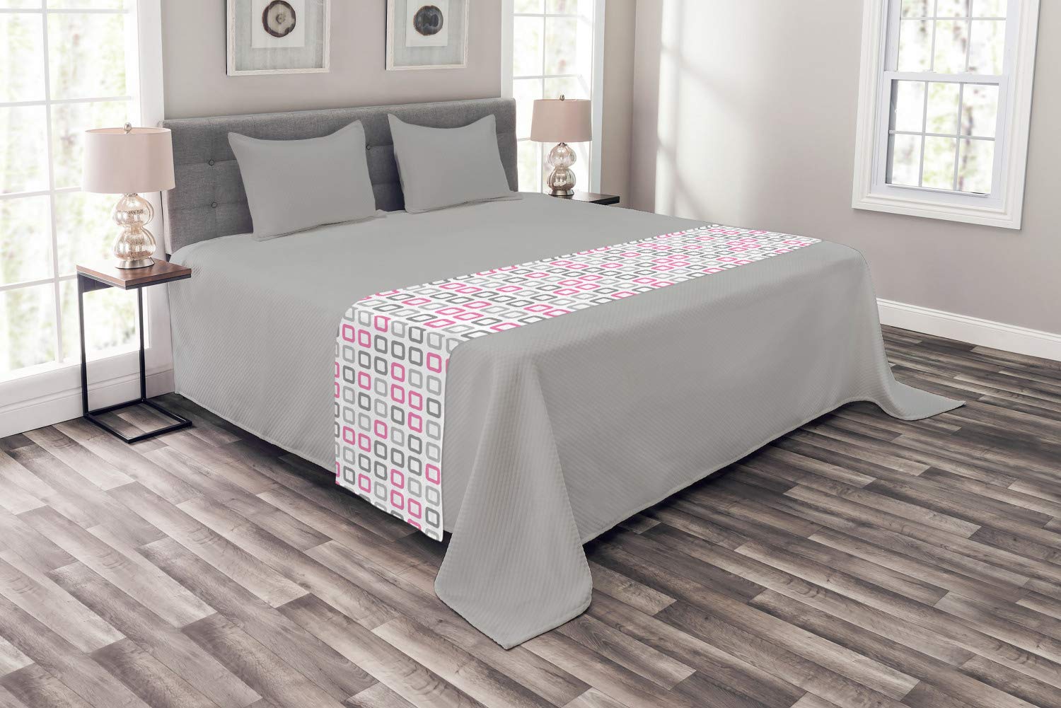 Ambesonne Geometric Bed Runner - Vintage Square Frames Design in Pink, White & Grey | Decorative Bed Scarf for Hotels, Homes & Guest Rooms | Perfect for Master Bedrooms, Airbnb Decor & Boho Chic Styling