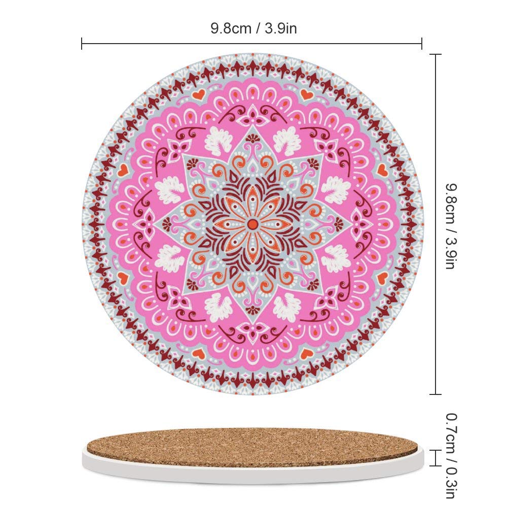 Set of 4 Absorbent Ceramic Coasters with Cork Base - Floral Ethnic Pattern Pink Round Drink Coasters for Coffee Cups & Glasses | Perfect for Bar, Farmhouse & Home Decor